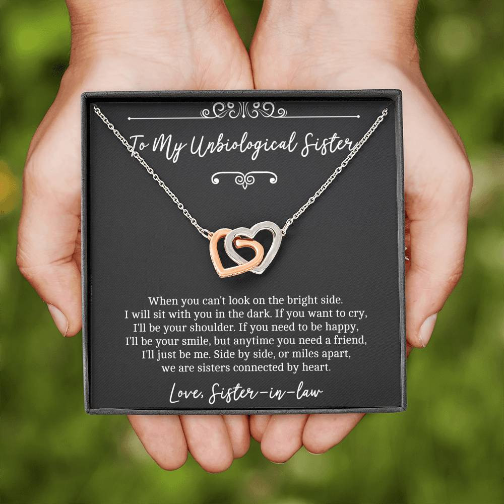 To My Unbiological Sister Gifts, Sisters Connected By Heart, Interlocking Heart Necklace For Women, Birthday Present Idea From Sister-in-law