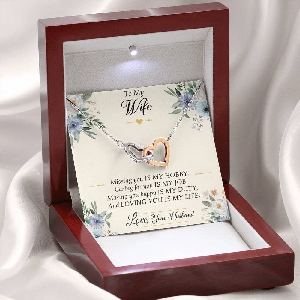 To My Wife, Missing You Is My Hobby, Interlocking Heart Necklace For Women, Anniversary Birthday Gifts From Husband