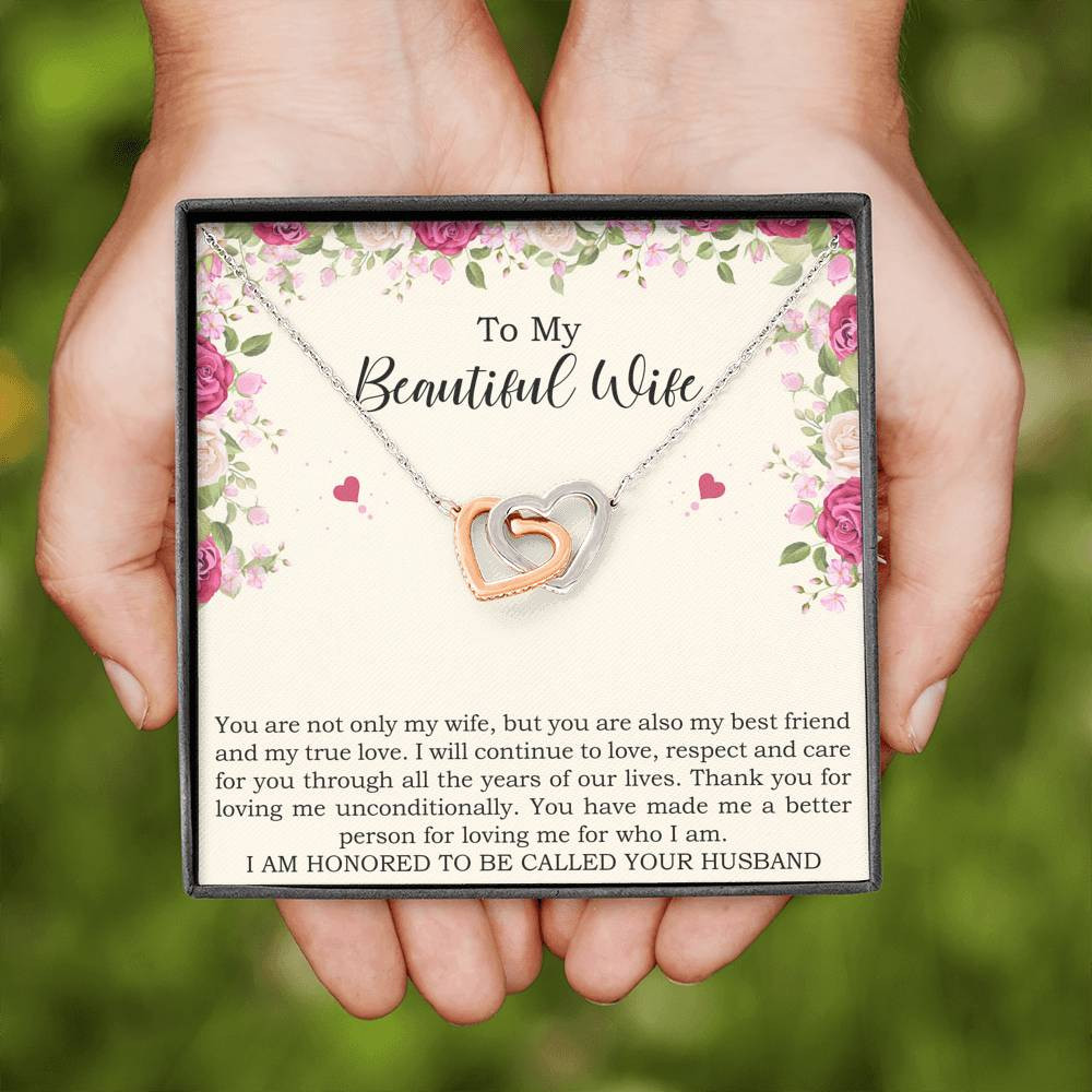 To My Wife, To My Beautiful Wife, Interlocking Heart Necklace For Women, Anniversary Birthday Gifts From Husband