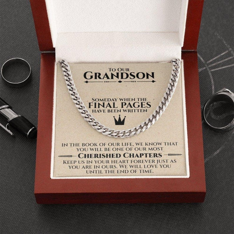 To Our Grandson Necklace from Grandparents, Jewelry for Grandson, Grandson Keepsake, Christmas Gift for Grandson, Grandson Birthday Gifts, Cuban Link Chain Necklace