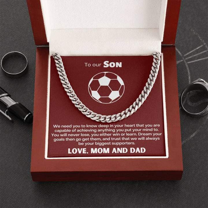 To Our Soccer Crazy Son Necklace – Dream Your Goals Then Go Get Them – Cuban Link Chain Necklace