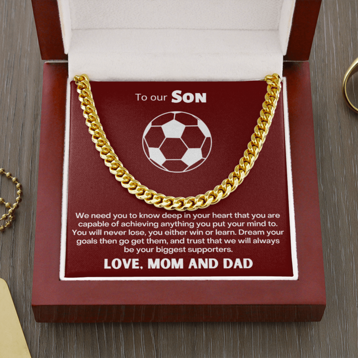 To Our Soccer Crazy Son Necklace – Dream Your Goals Then Go Get Them – Cuban Link Chain Necklace