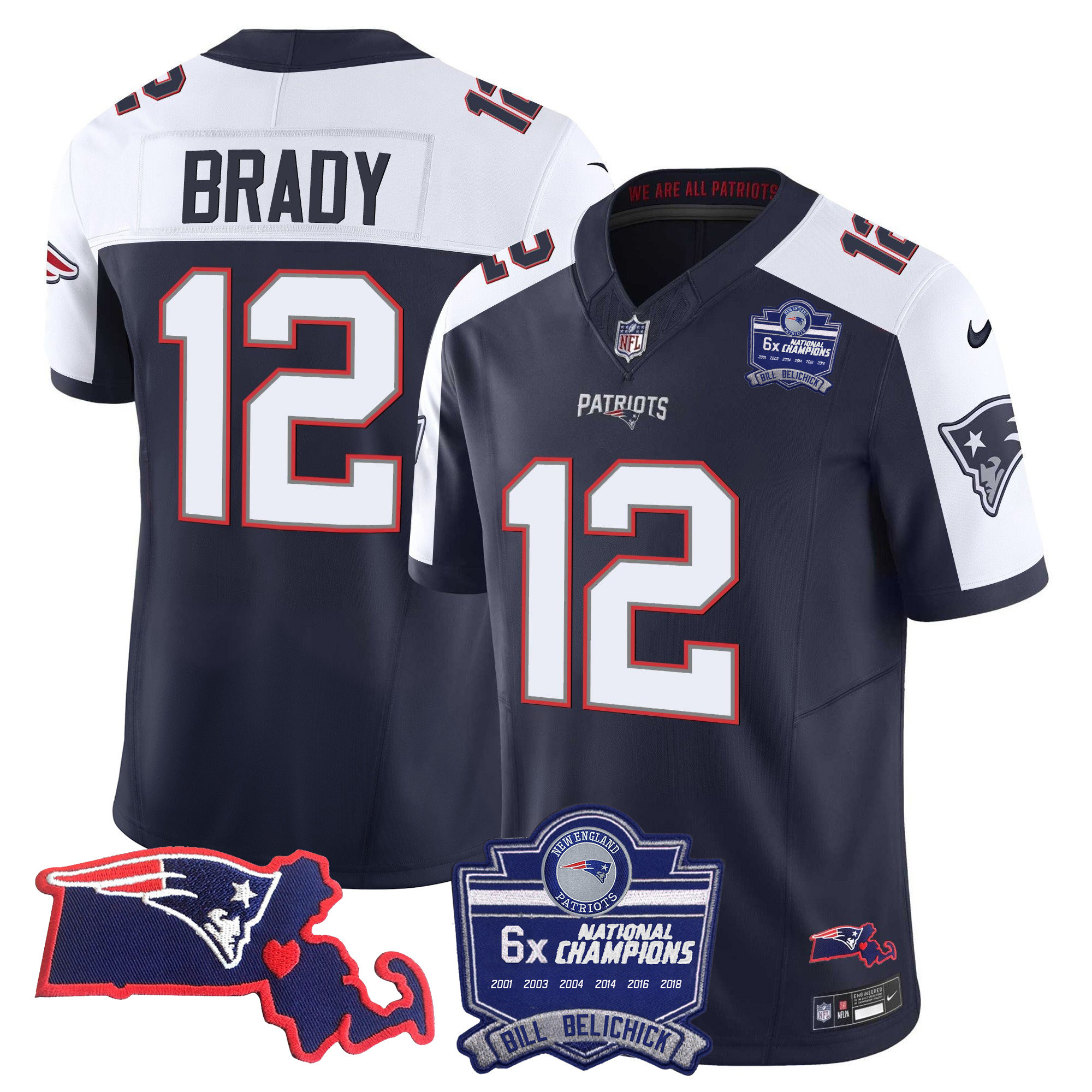 Tom Brady Men's New England Patriots Bill Belichick 6x Champions Patch Vapor Alternate Jersey - All Stitched 