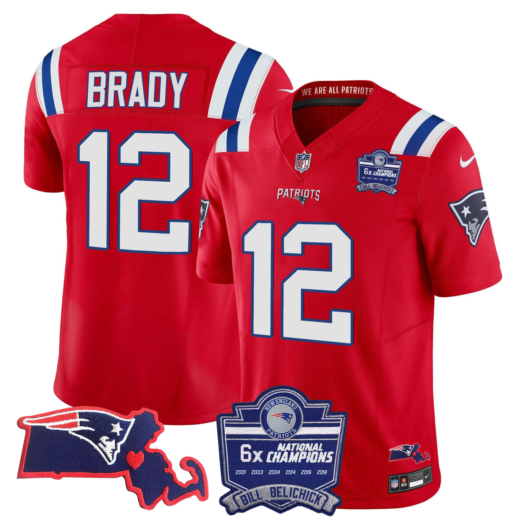 Tom Brady Men's New England Patriots Bill Belichick 6x Champions Patch Vapor Red Jersey - All Stitched 