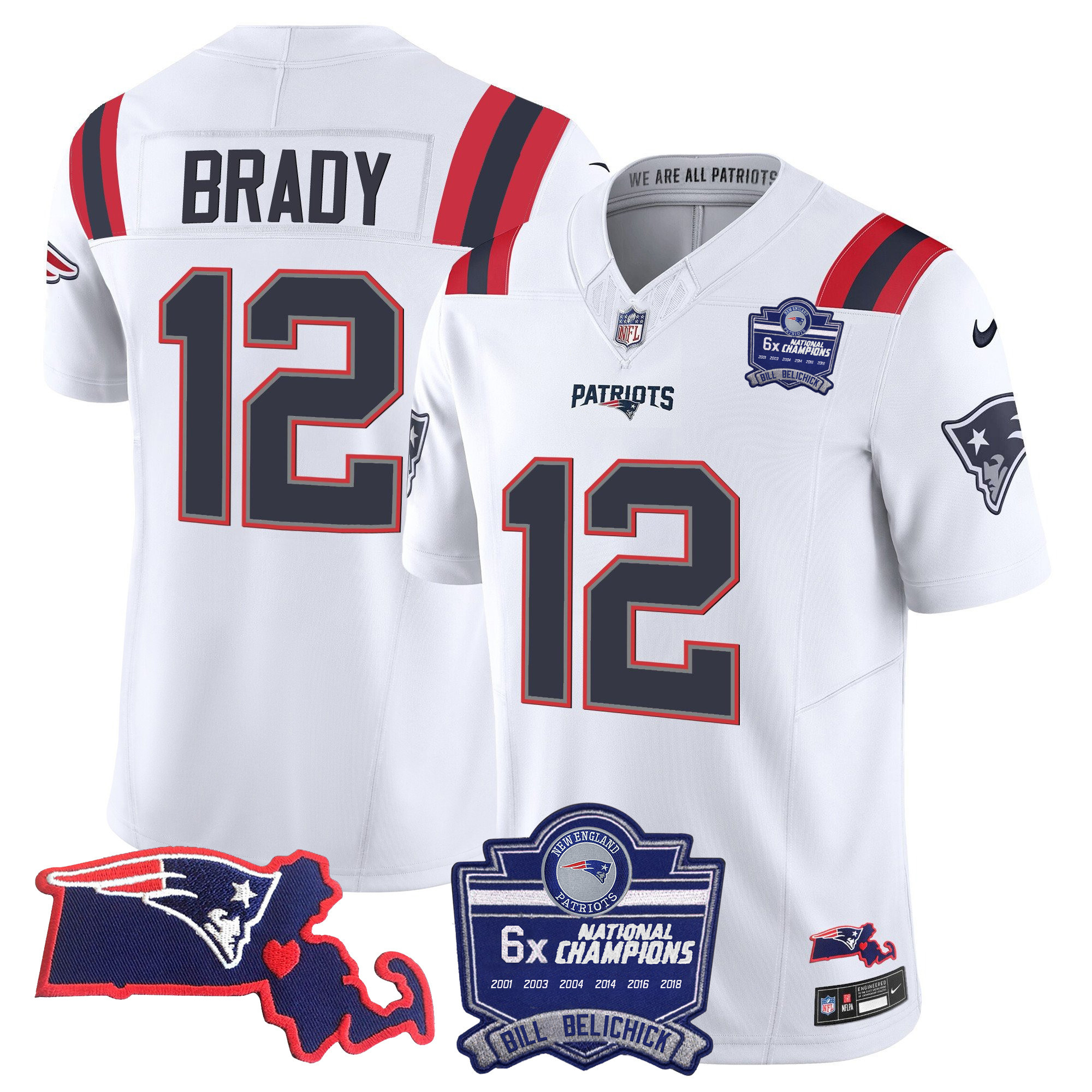 Tom Brady Men's New England Patriots Bill Belichick 6x Champions Patch Vapor White Jersey - All Stitched 