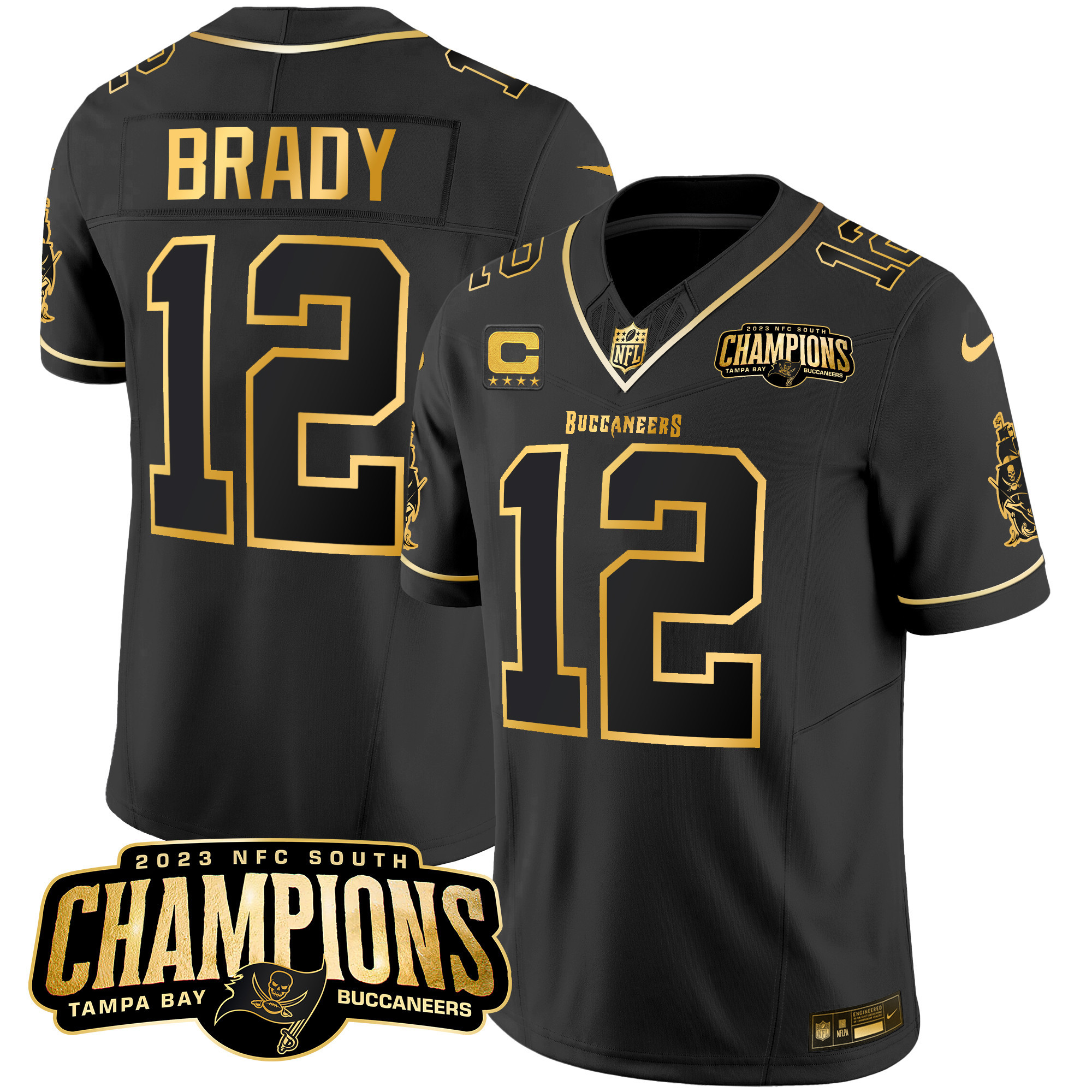 Tom Brady Men's Tampa Bay Buccaneers 2023 NFC South Champions Patch Gold Vapor Black Gold Jersey - All Stitched 