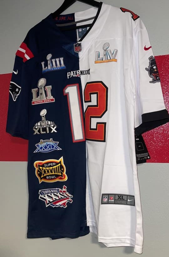 Tom Brady Patriots Tampa Bay Buccaneers Split Navy White Super Bowl Patch Split Jersey - All Stitched 