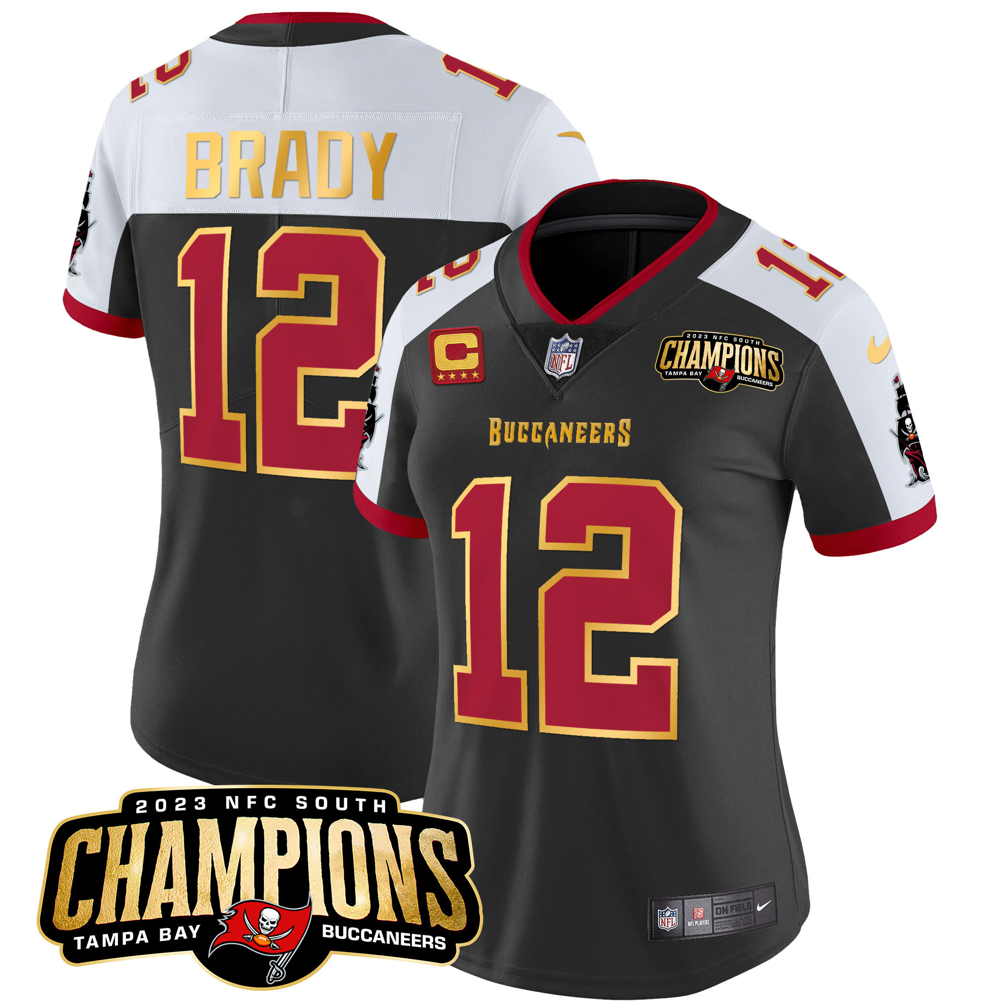 Tom Brady Women's Tampa Bay Buccaneers 2023 NFC South Champions Patch Gold Trim Vapor Black Alternate Jersey - All Stitched 