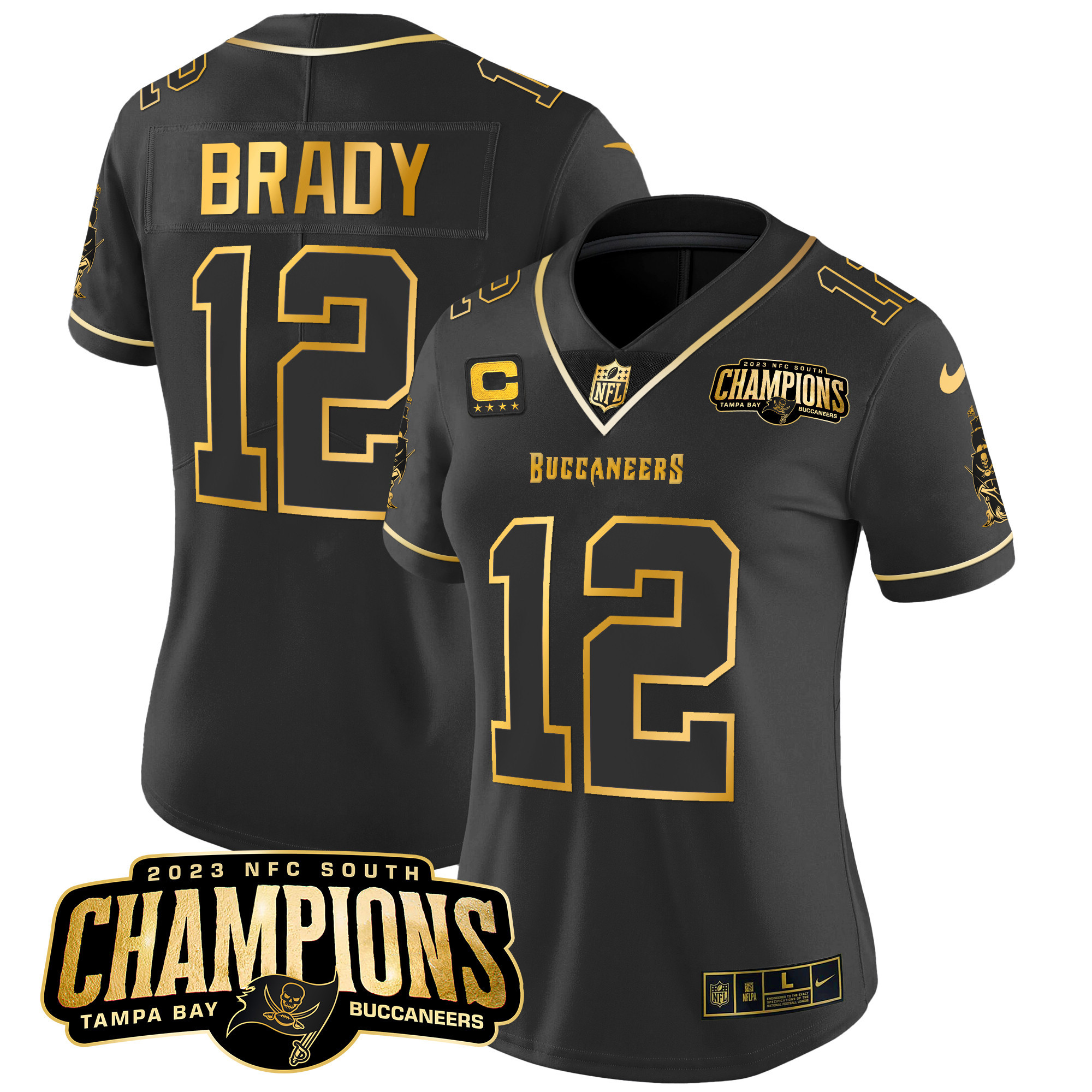 Tom Brady Women's Tampa Bay Buccaneers 2023 NFC South Champions Patch Gold Vapor Black Gold Jersey - All Stitched 