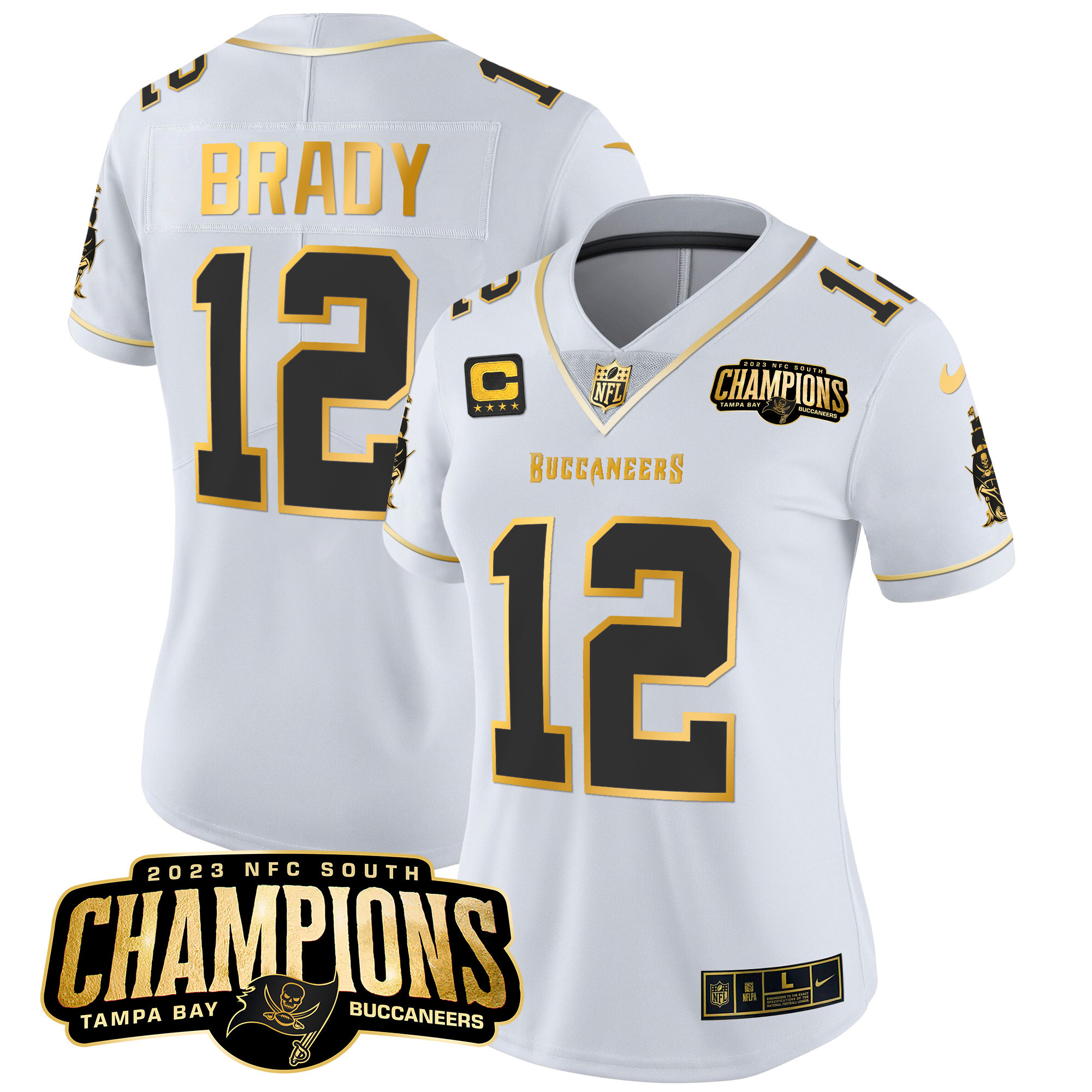 Tom Brady Women's Tampa Bay Buccaneers 2023 NFC South Champions Patch Gold Vapor White Gold Jersey - All Stitched 