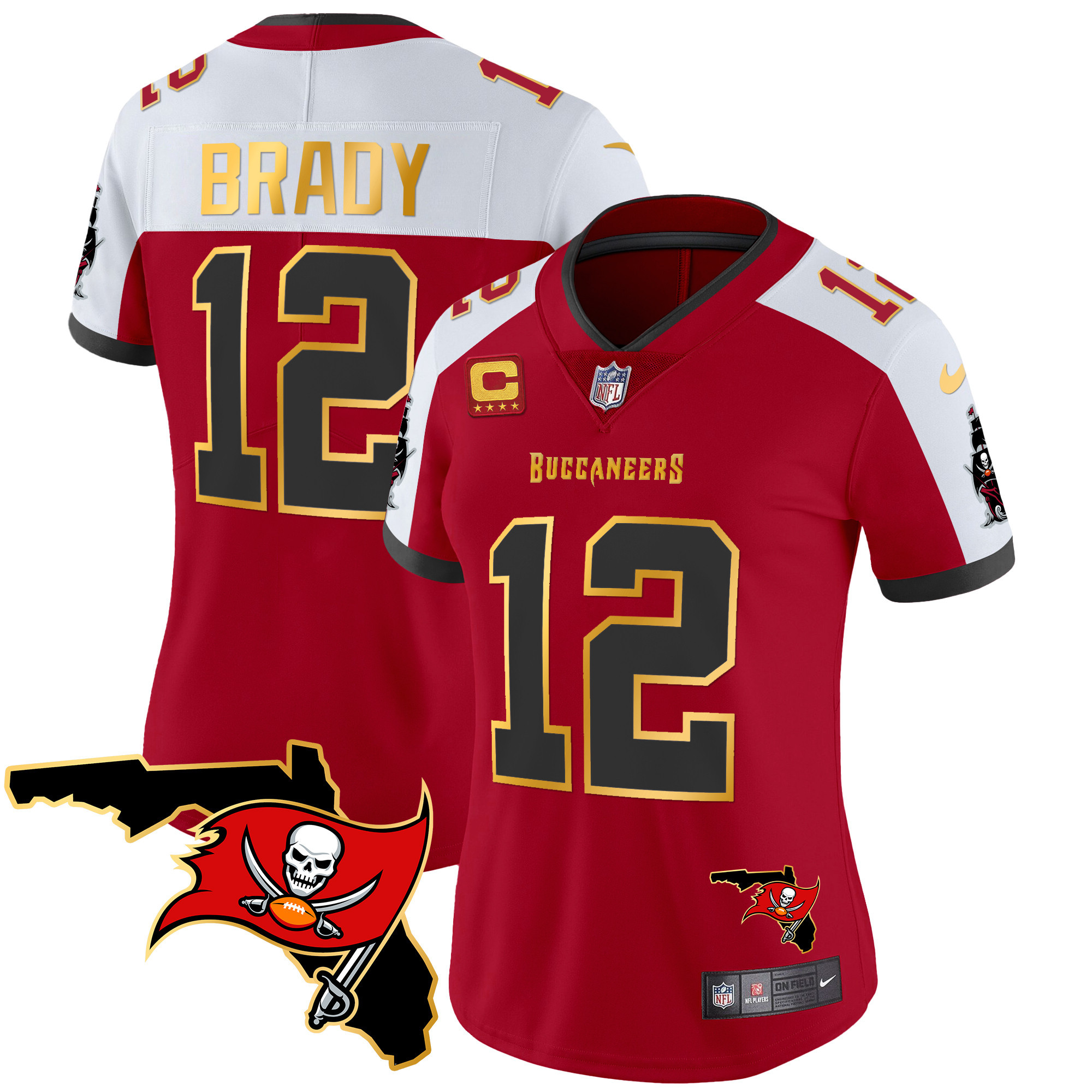 Tom Brady Women's Tampa Bay Buccaneers Florida Patch Gold Trim Vapor Red Alternate Jersey - All Stitched 