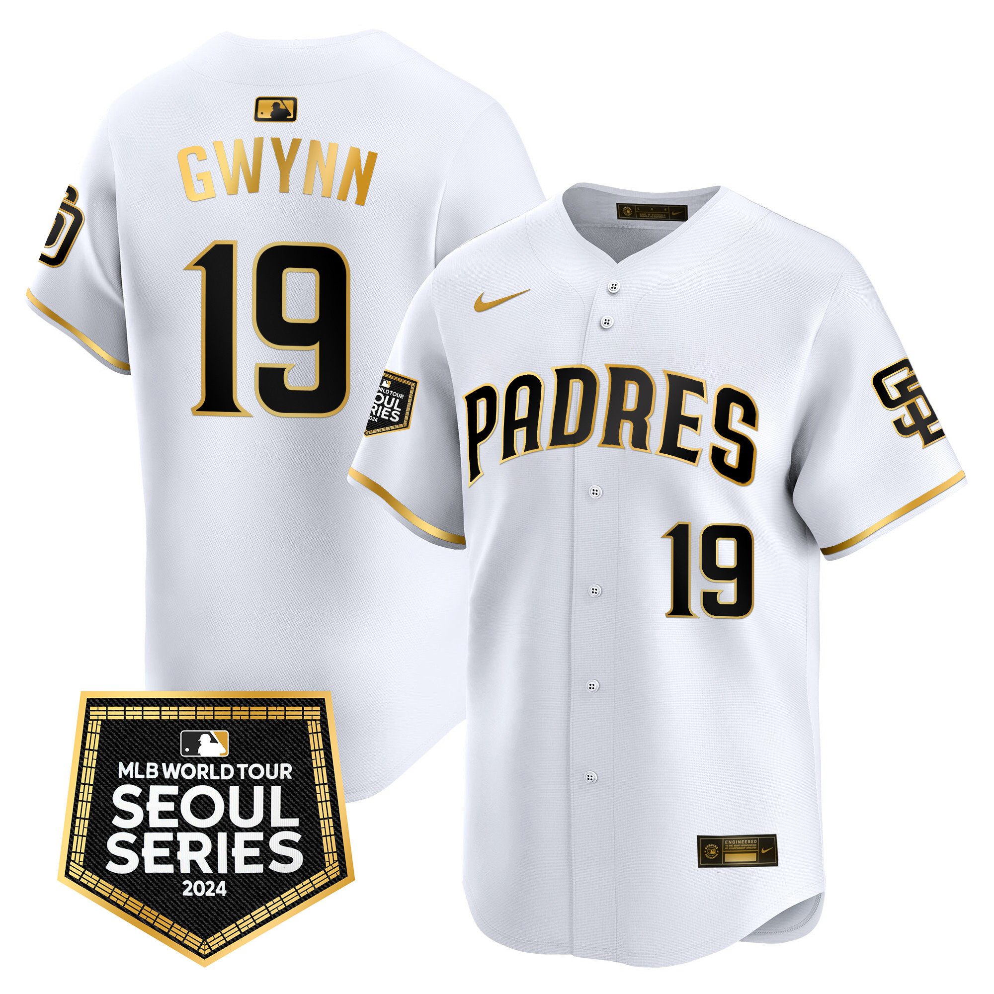 Tony Gwynn Men's San Diego Padres 2024 World Tour Seoul Series Patch Vapor Premier Limited White Gold Jersey - All Stitched