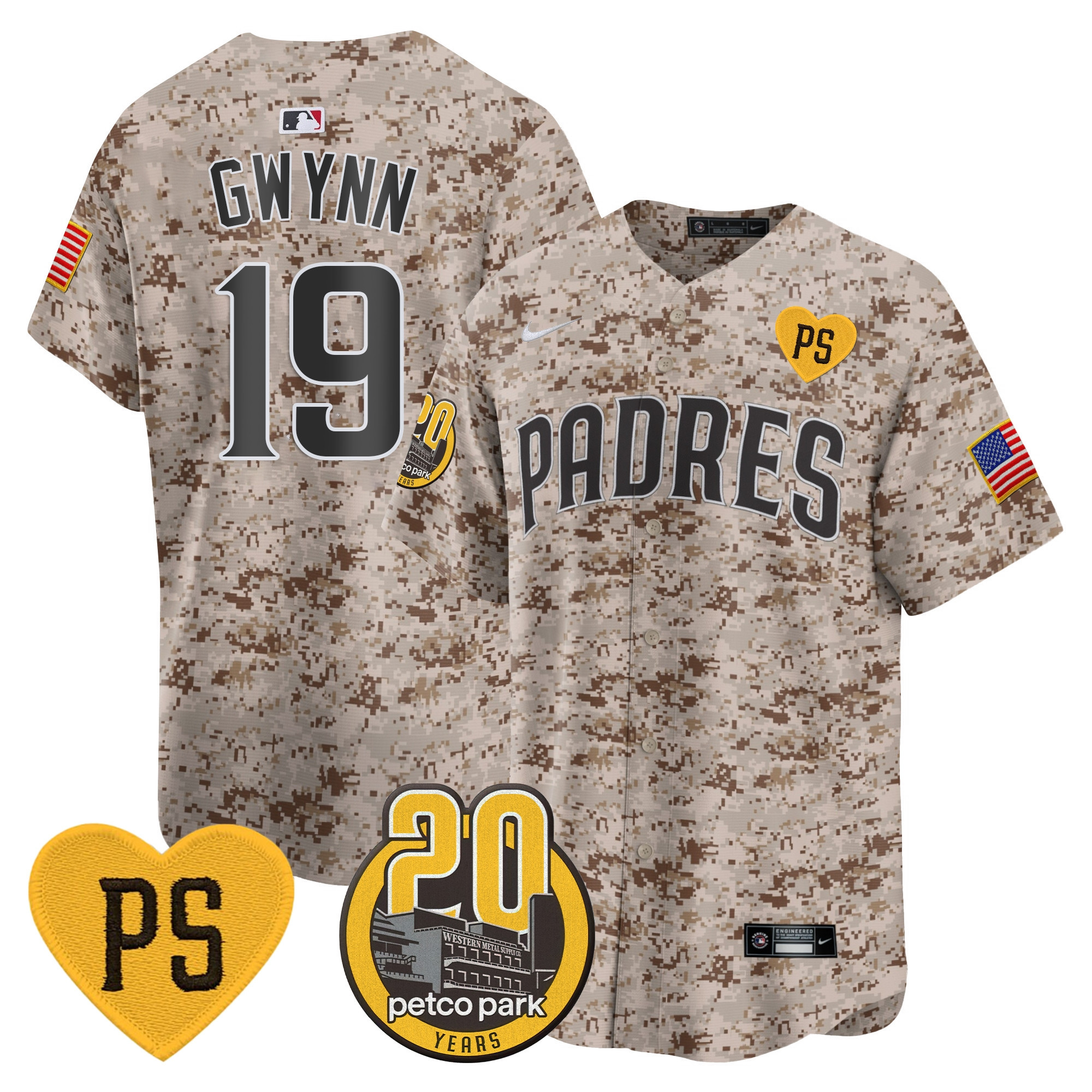 Tony Gwynn Men's San Diego Padres "For Peter" & Petco Park 20th Patch USMC Vapor Premier Limited Desert Jersey - All Stitched