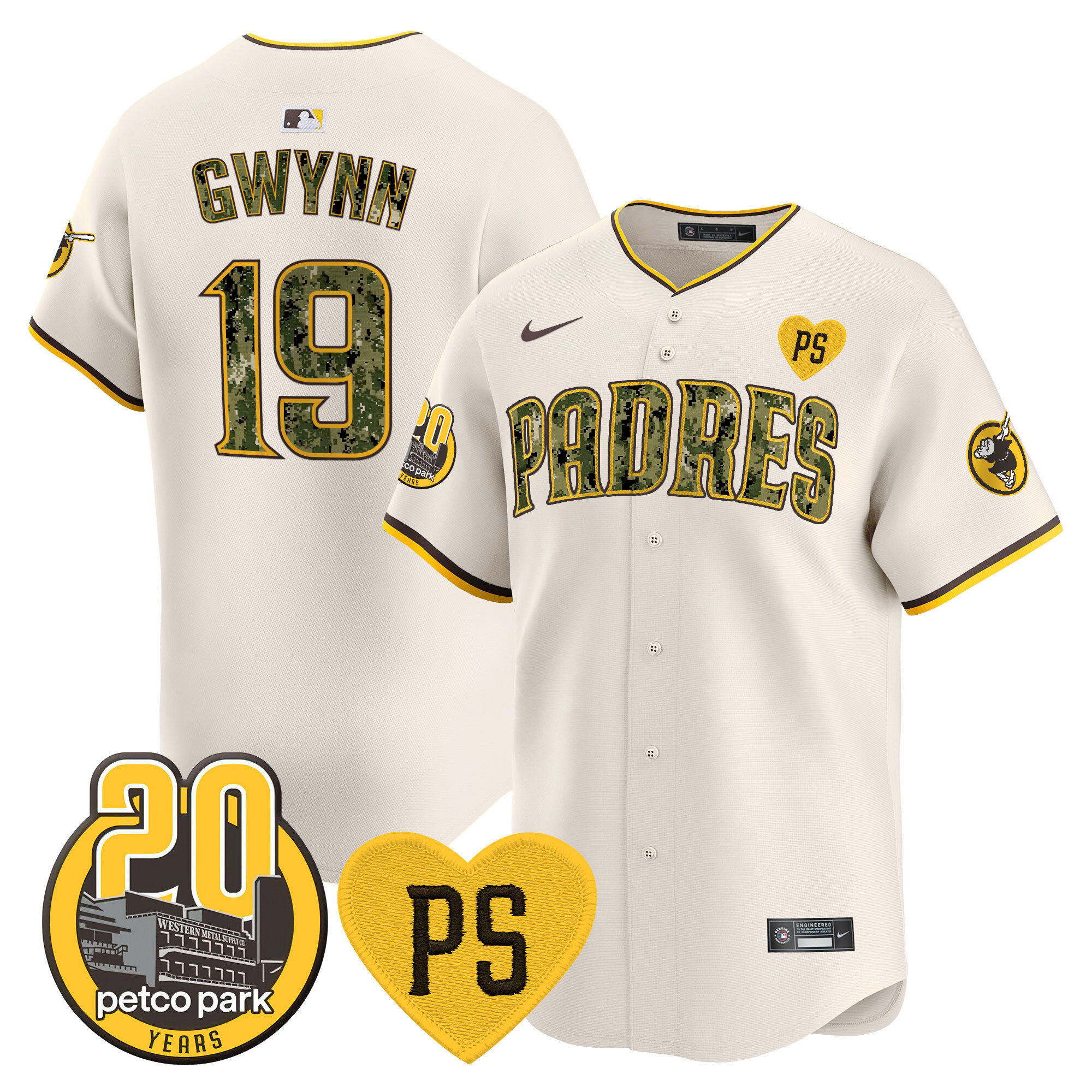 Tony Gwynn Men's San Diego Padres "For Peter" & Petco Park 20th Patch USMC Vapor Premier Limited V2 Cream Jersey - All Stitched