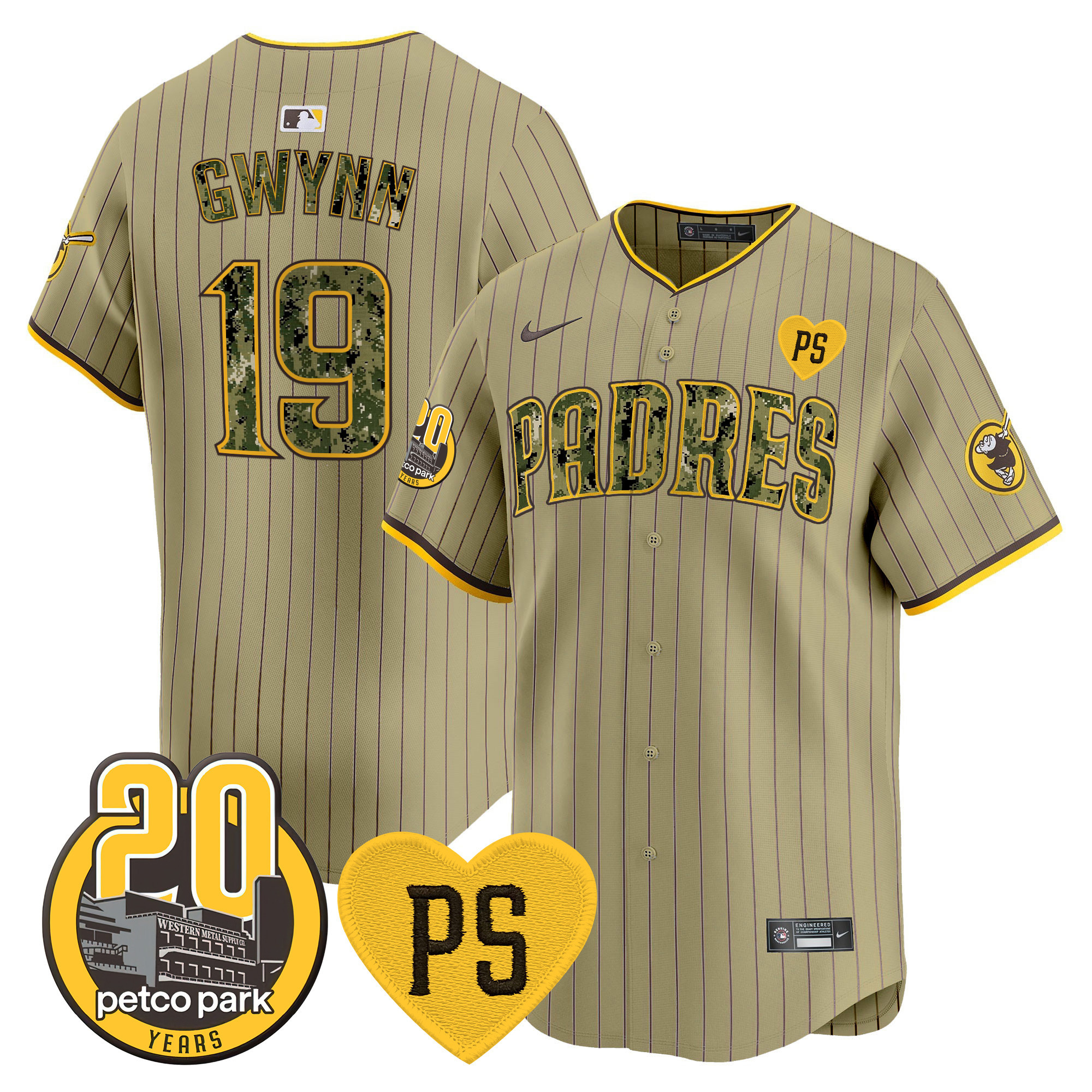 Tony Gwynn Men's San Diego Padres "For Peter" & Petco Park 20th Patch USMC Vapor Premier Limited V2 Tan Jersey - All Stitched