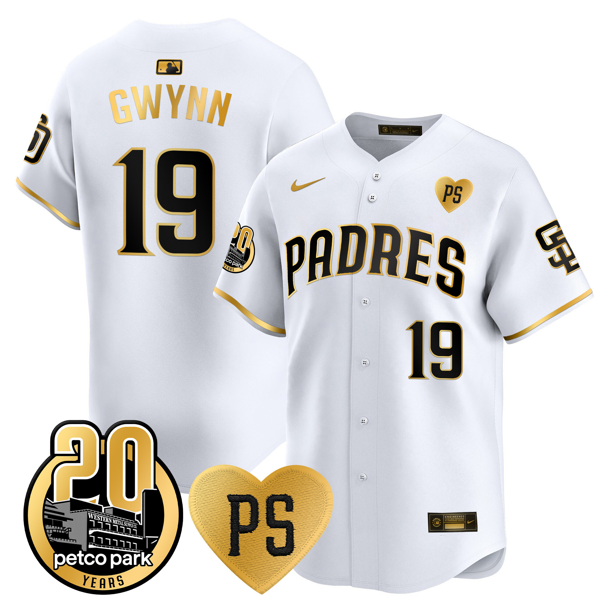Tony Gwynn Men's San Diego Padres "For Peter" & Petco Park 20th Patch Vapor Premier Limited White Gold Jersey - All Stitched