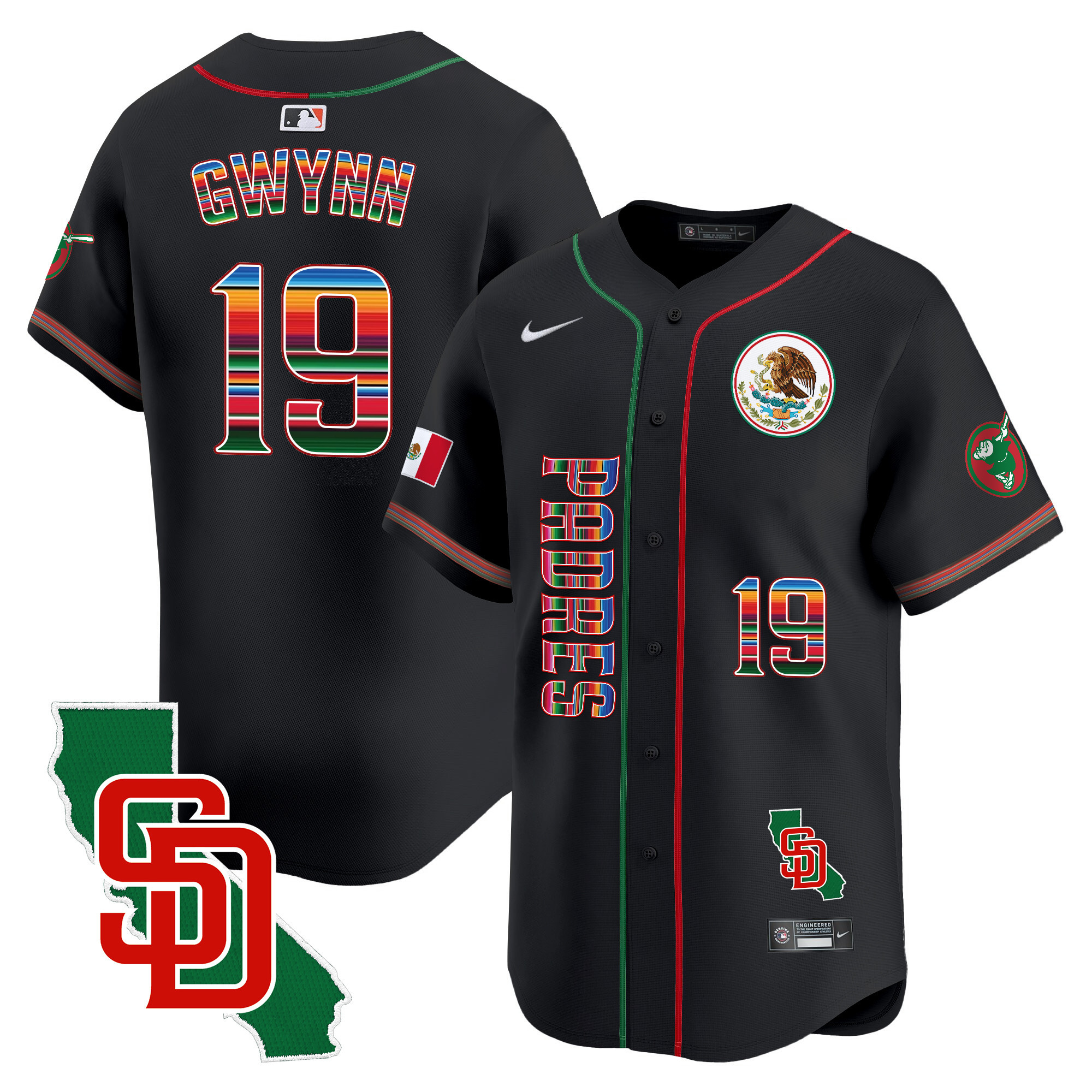 Tony Gwynn Men's San Diego Padres Mexico California Patch Vapor Premier Limited V2 Black Jersey - All Stitched