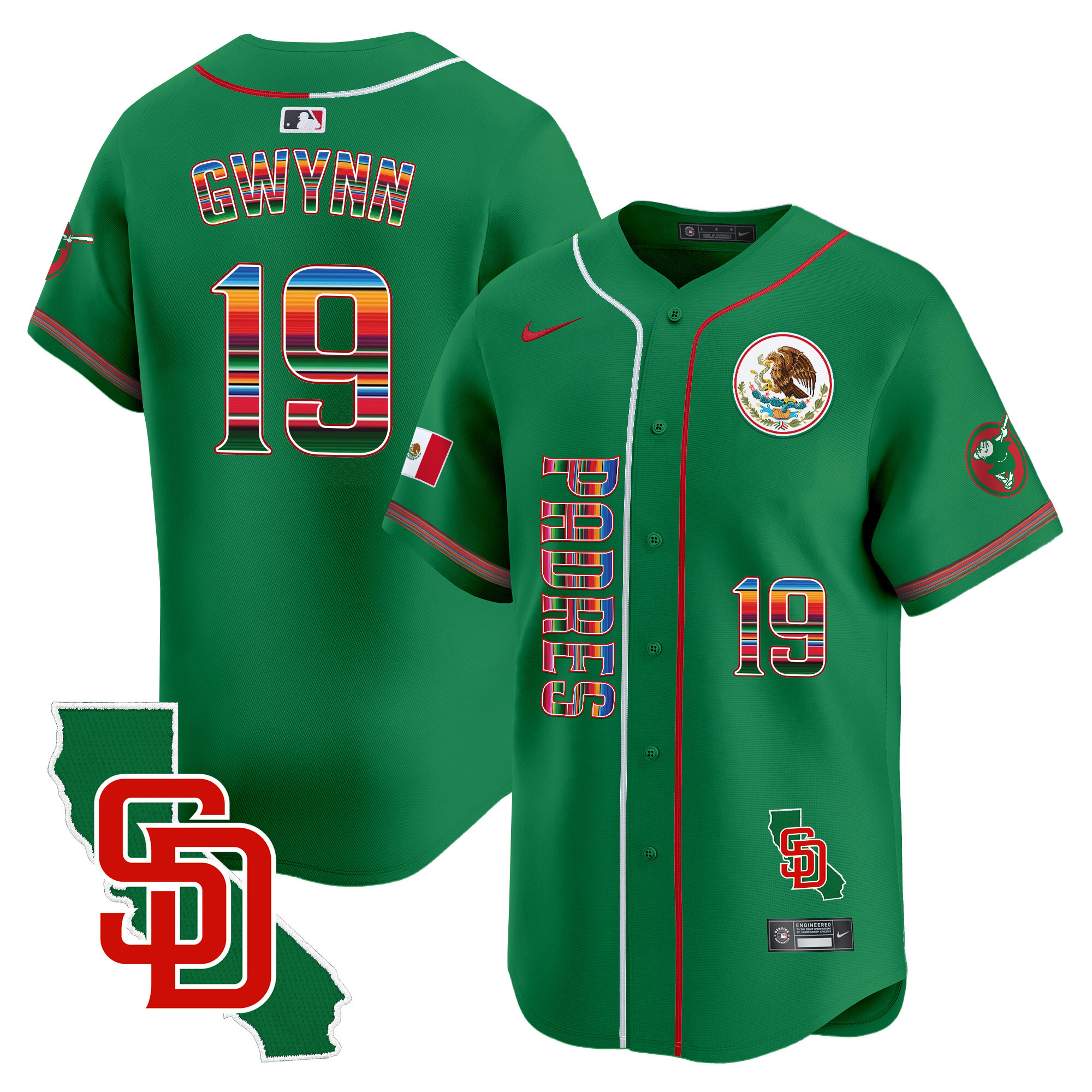 Tony Gwynn Men's San Diego Padres Mexico California Patch Vapor Premier Limited V2 Green Jersey - All Stitched
