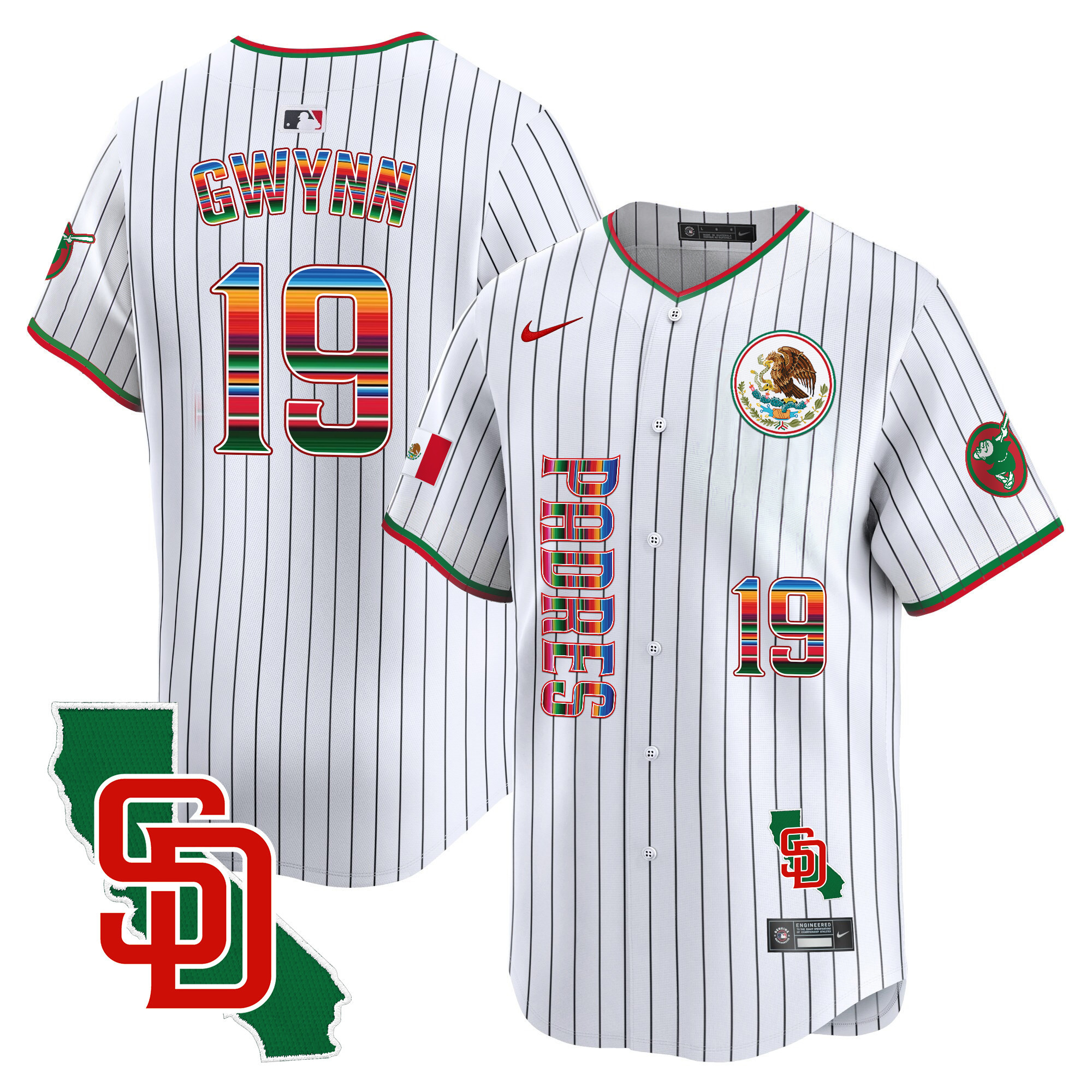 Tony Gwynn Men's San Diego Padres Mexico California Patch Vapor Premier Limited V2 Pinstripe Jersey - All Stitched