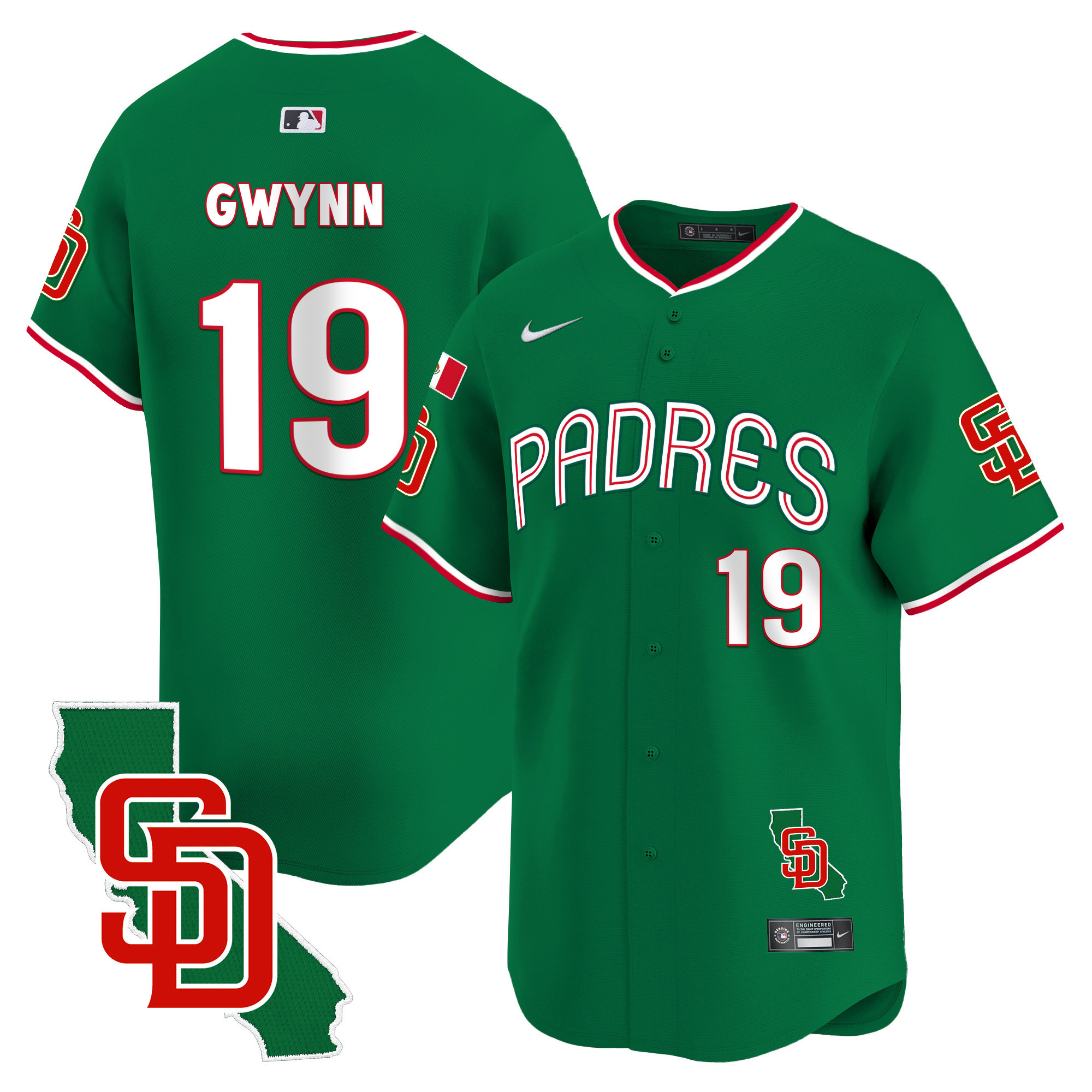 Tony Gwynn Men's San Diego Padres Mexico California Patch Vapor Premier Limited V4 Green Jersey - All Stitched