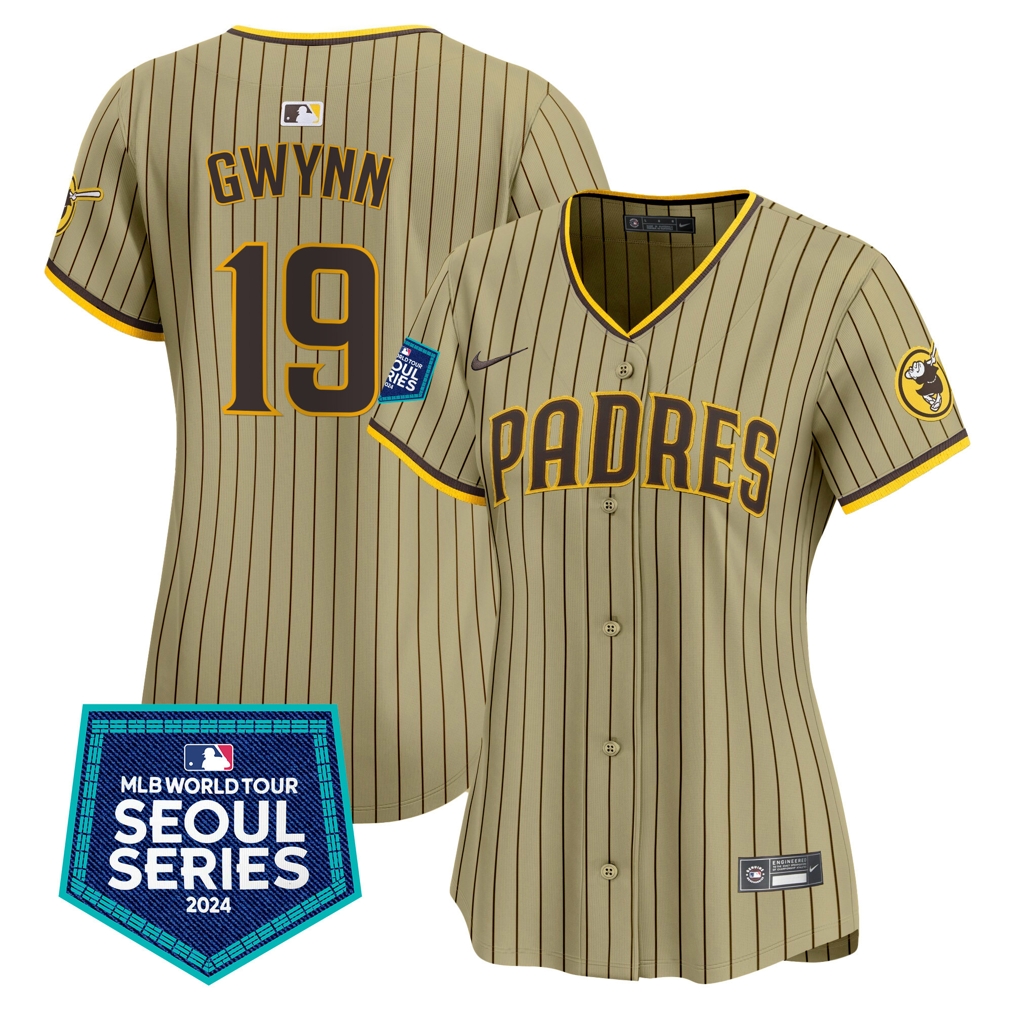 Tony Gwynn Women's San Diego Padres 2024 World Tour Seoul Series Patch Vapor Premier Limited Tan Jersey - All Stitched