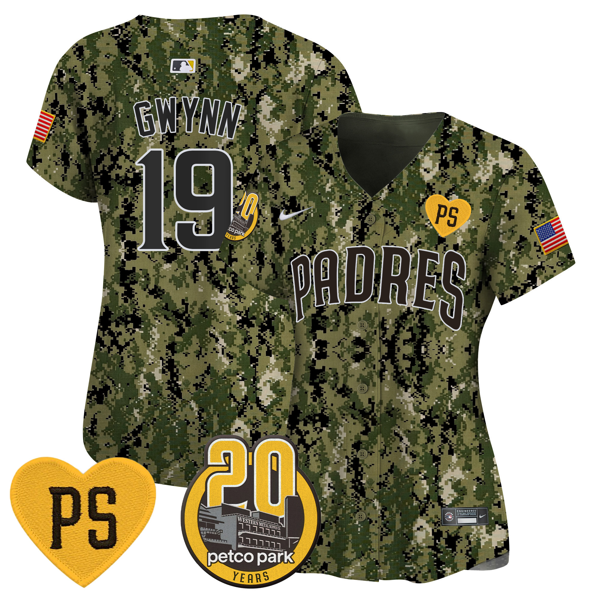 Tony Gwynn Women's San Diego Padres "For Peter" & Petco Park 20th Patch USMC Vapor Premier Limited Woodland Jersey - All Stitched