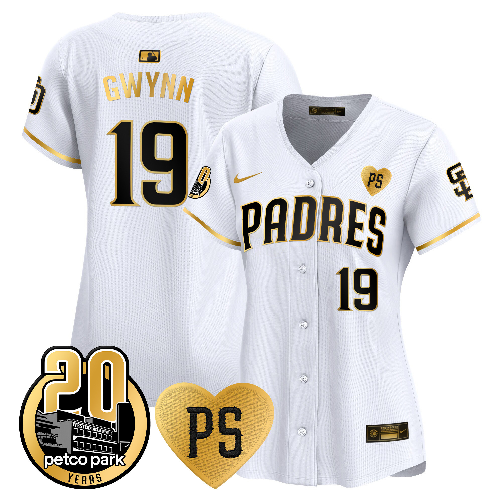 Tony Gwynn Women's San Diego Padres "For Peter" & Petco Park 20th Patch Vapor Premier Limited White Gold Jersey - All Stitched