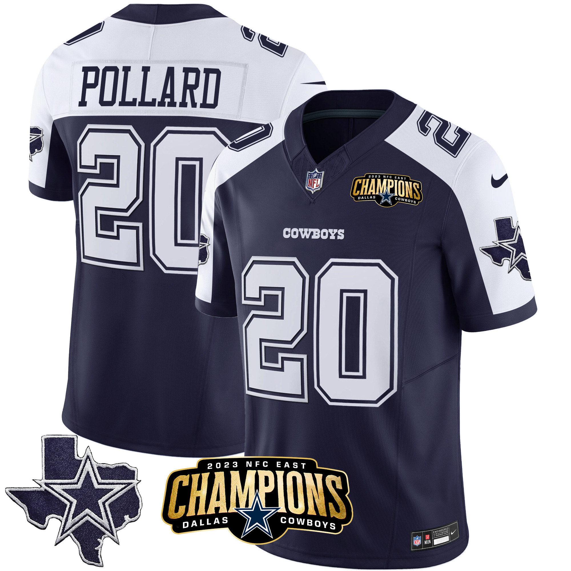 Tony Pollard Men's Dallas Cowboys 2023 NFC East Champions Patch Vapor Alternate Navy Jersey - All Stitched 