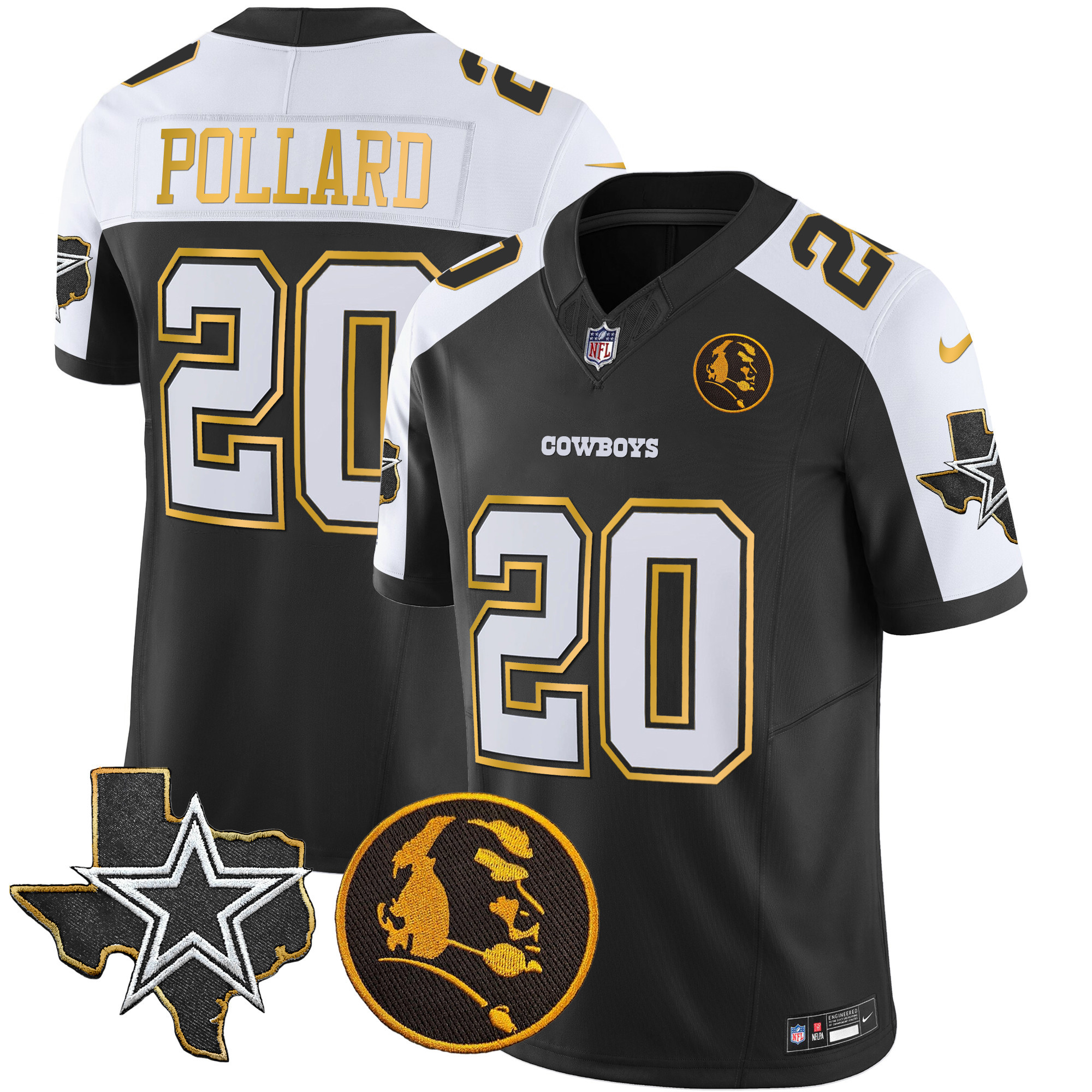 Tony Pollard Men's Dallas Cowboys Texas & John Madden Patch Gold Trim Vapor Black Alternate Jersey - All Stitched 