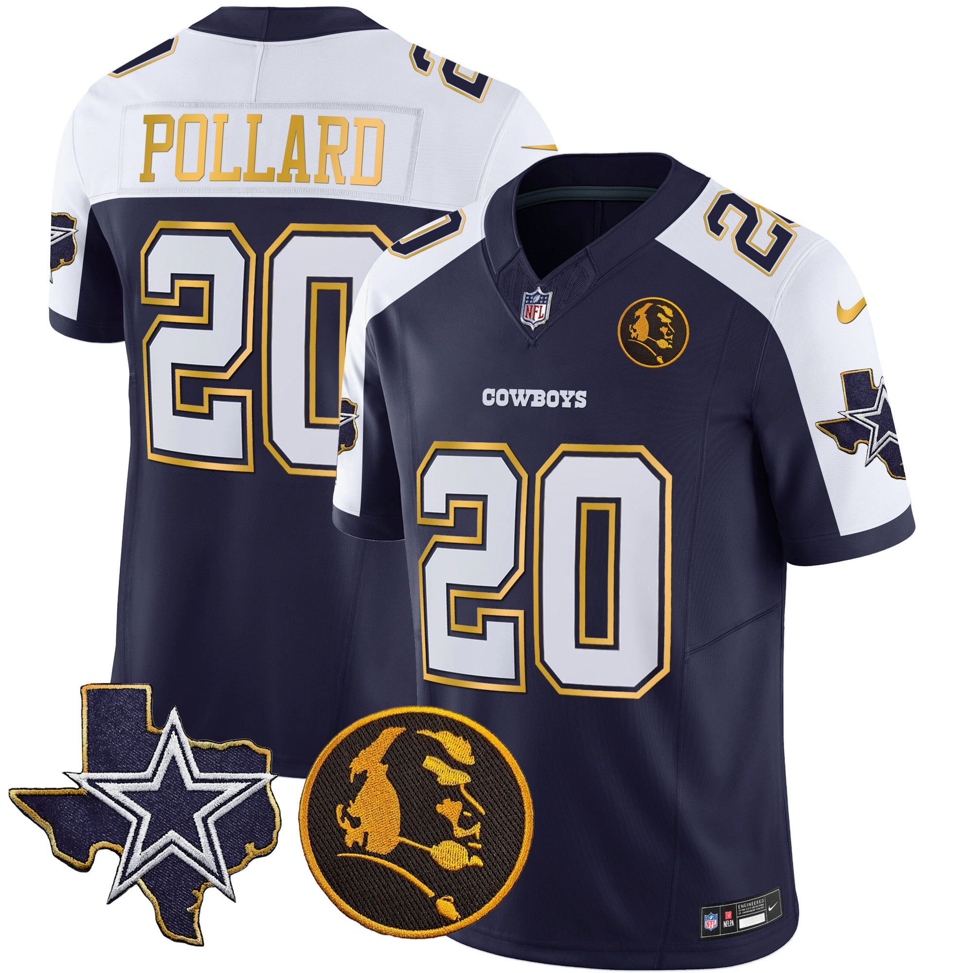 Tony Pollard Men's Dallas Cowboys Texas & John Madden Patch Gold Trim Vapor Navy Alternate Jersey - All Stitched 