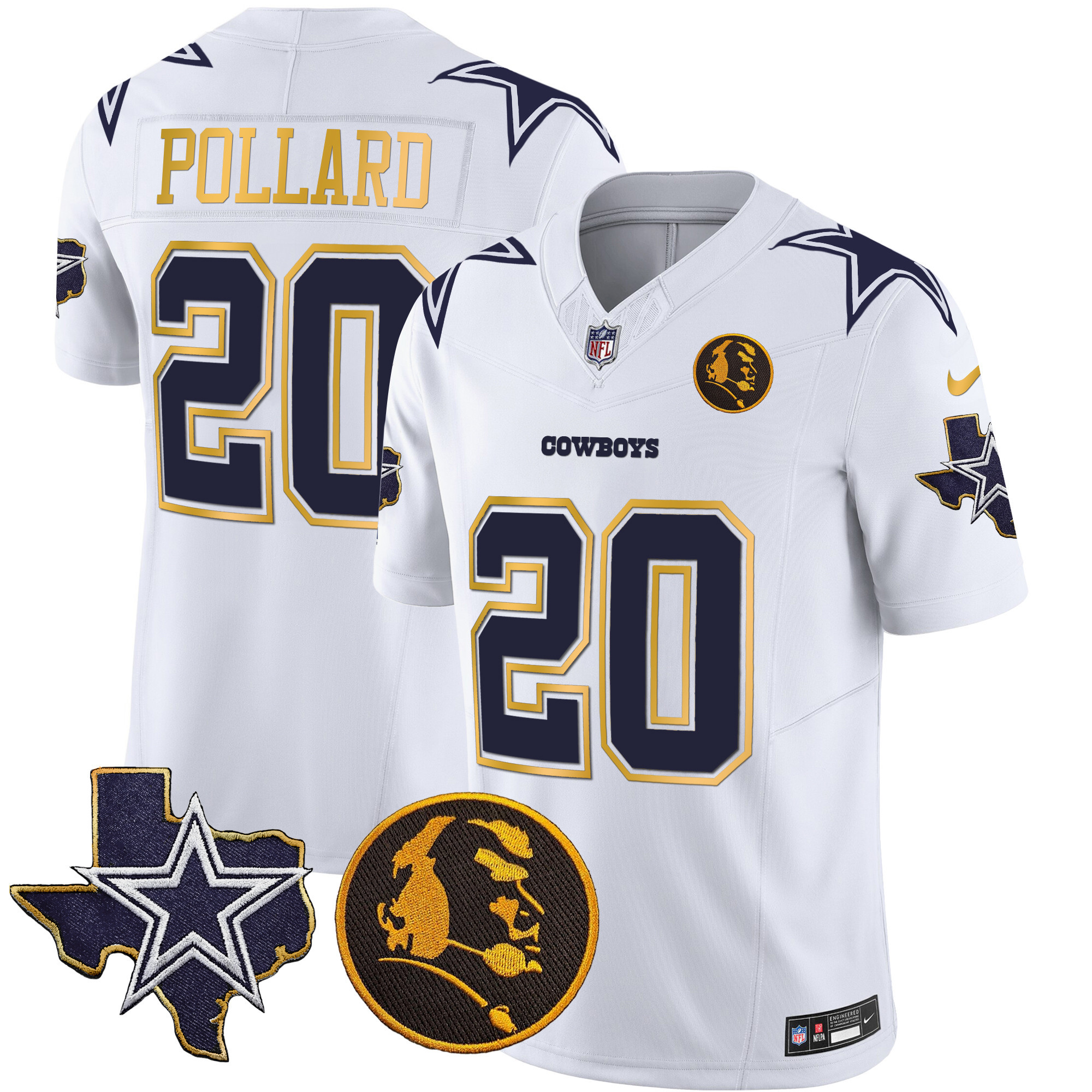 Tony Pollard Men's Dallas Cowboys Texas & John Madden Patch Gold Trim Vapor White Jersey - All Stitched 
