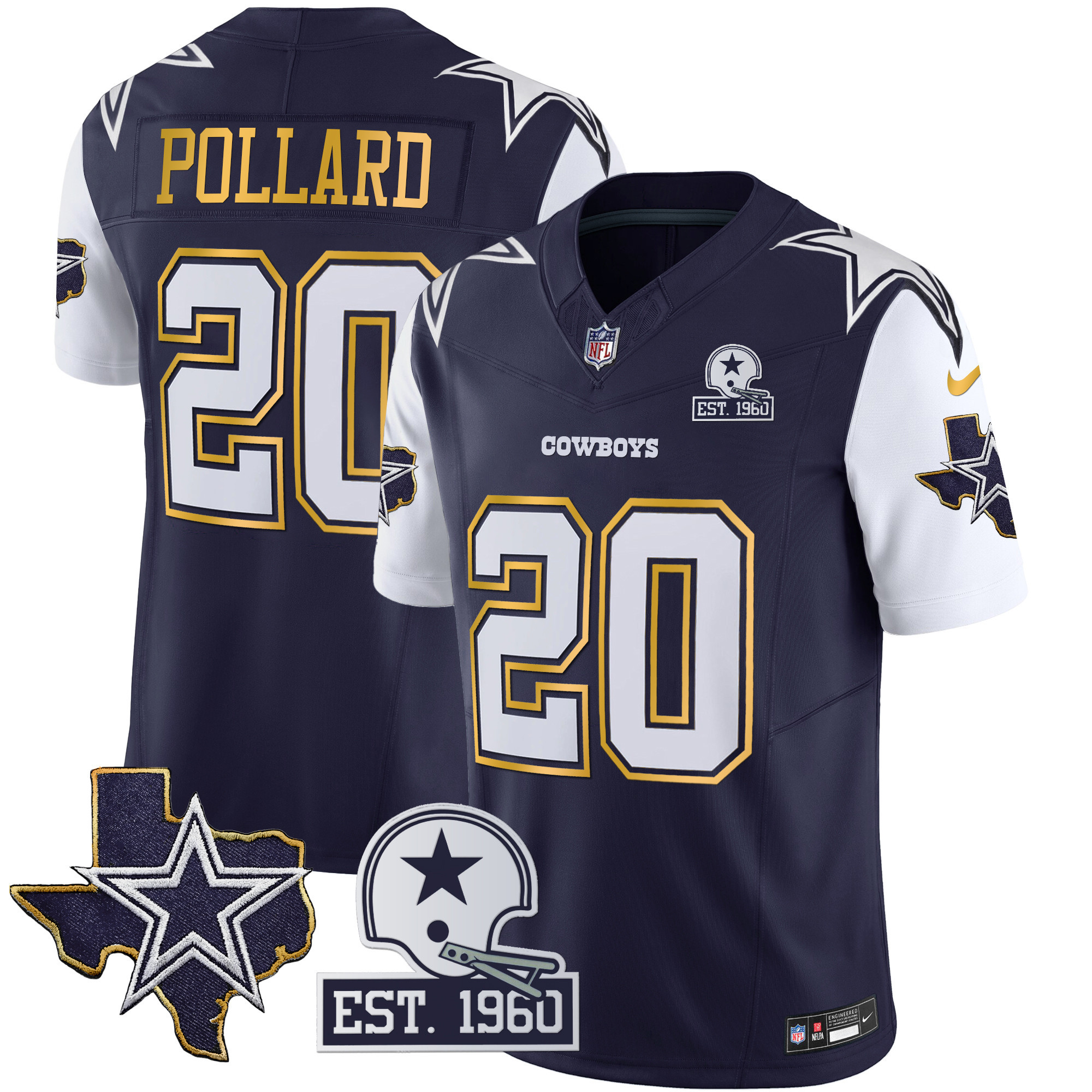 Tony Pollard Men's Dallas Cowboys Texas Patch Gold Trim Vapor Navy Jersey - All Stitched 