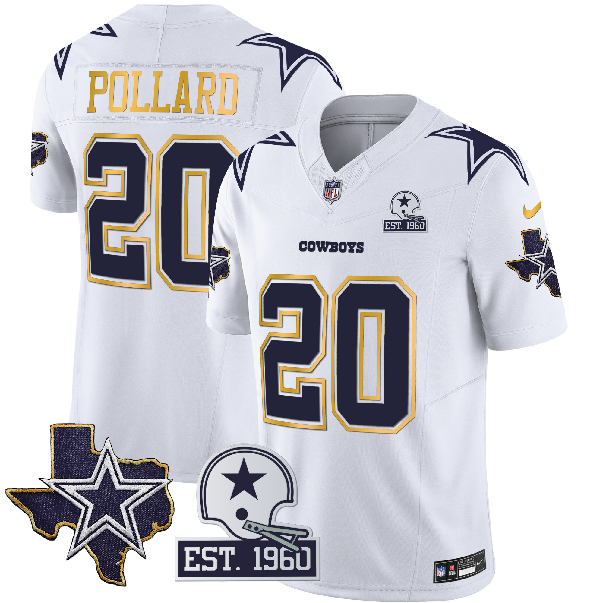 Tony Pollard Men's Dallas Cowboys Texas Patch Gold Trim Vapor White Jersey - All Stitched 