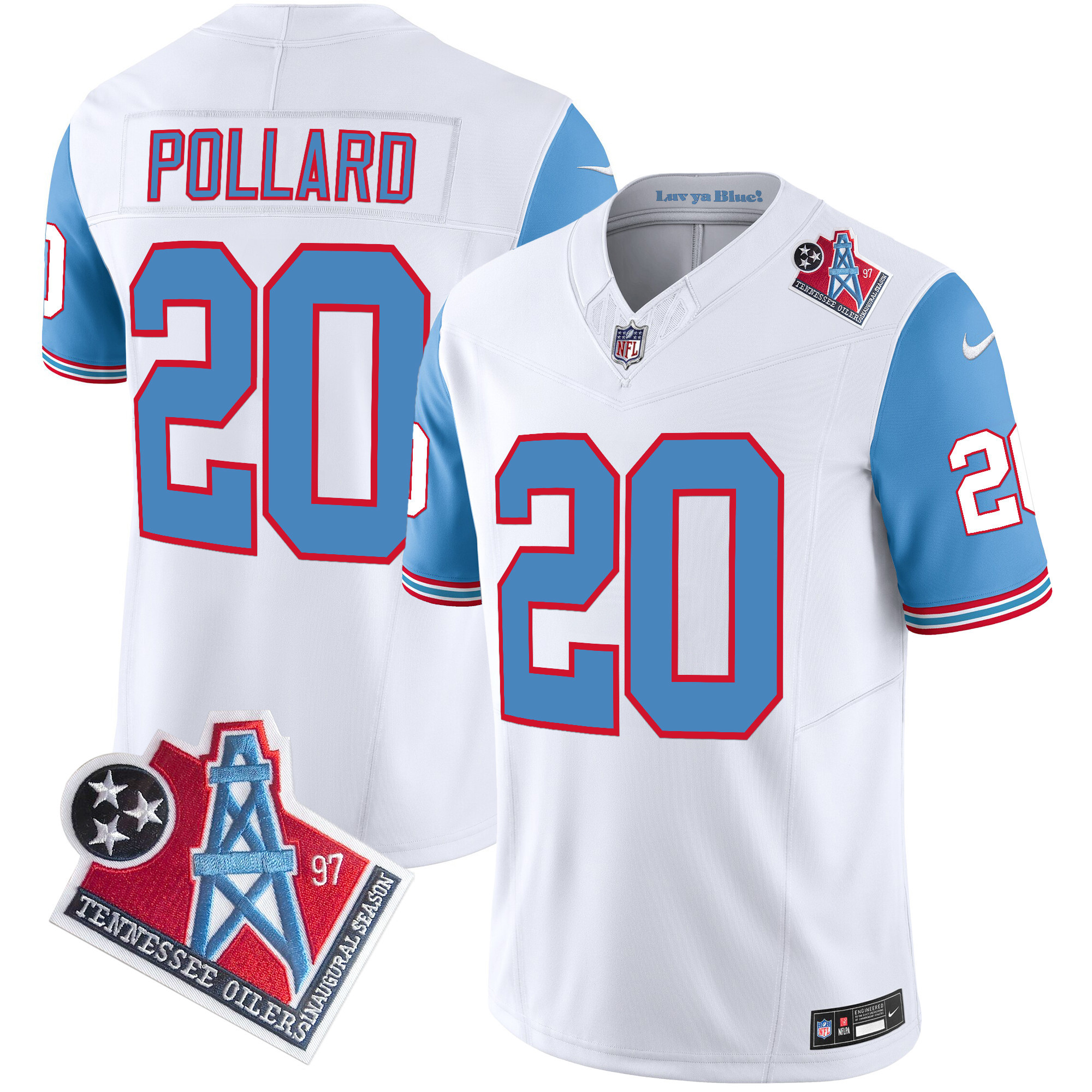 Tony Pollard Men's Tennessee Titans 1997 Throwback Limited Vapor Blue Sleeves Jersey - All Stitched 