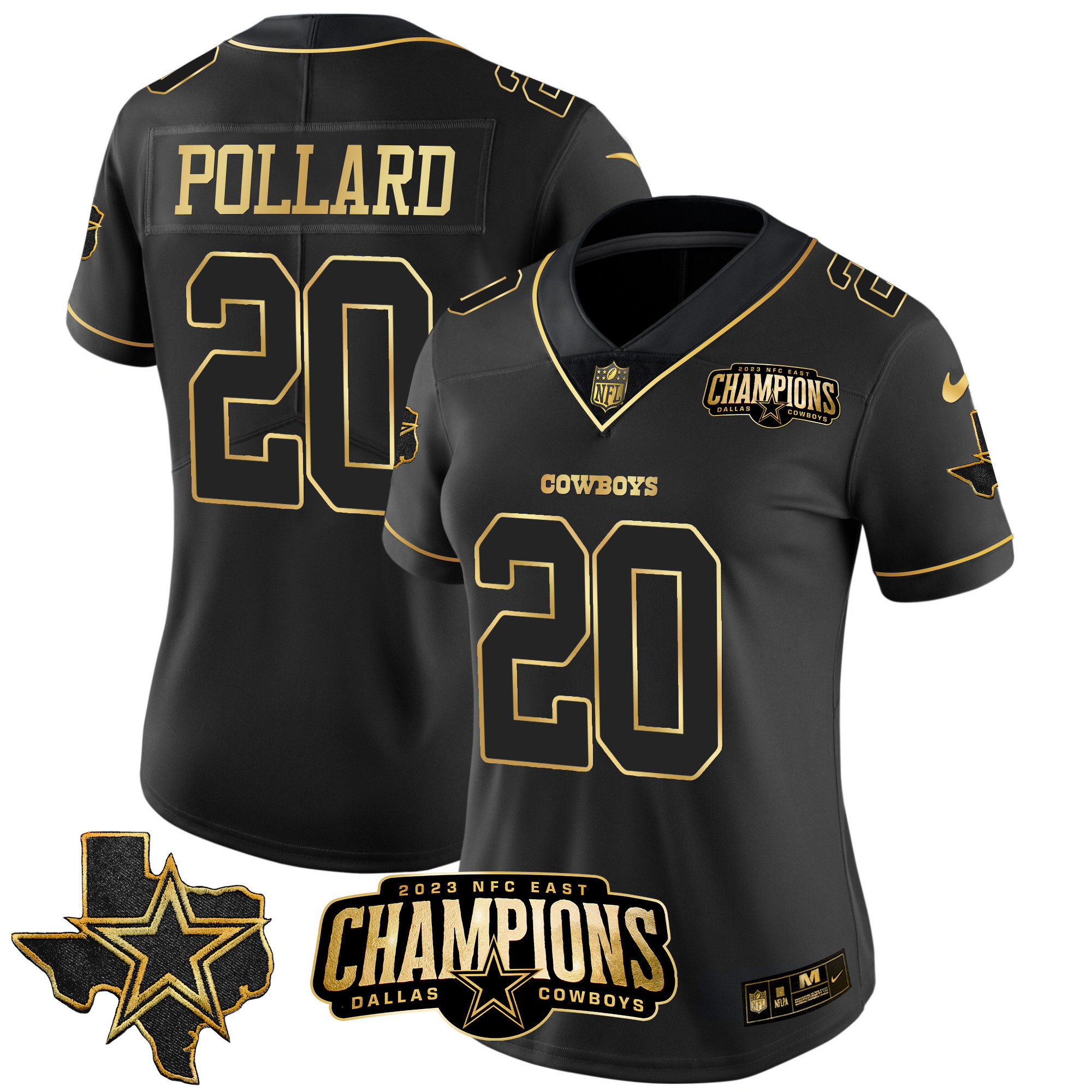 Tony Pollard Women's Dallas Cowboys 2023 NFC East Champions Patch Gold Vapor Black Gold Jersey - All Stitched 