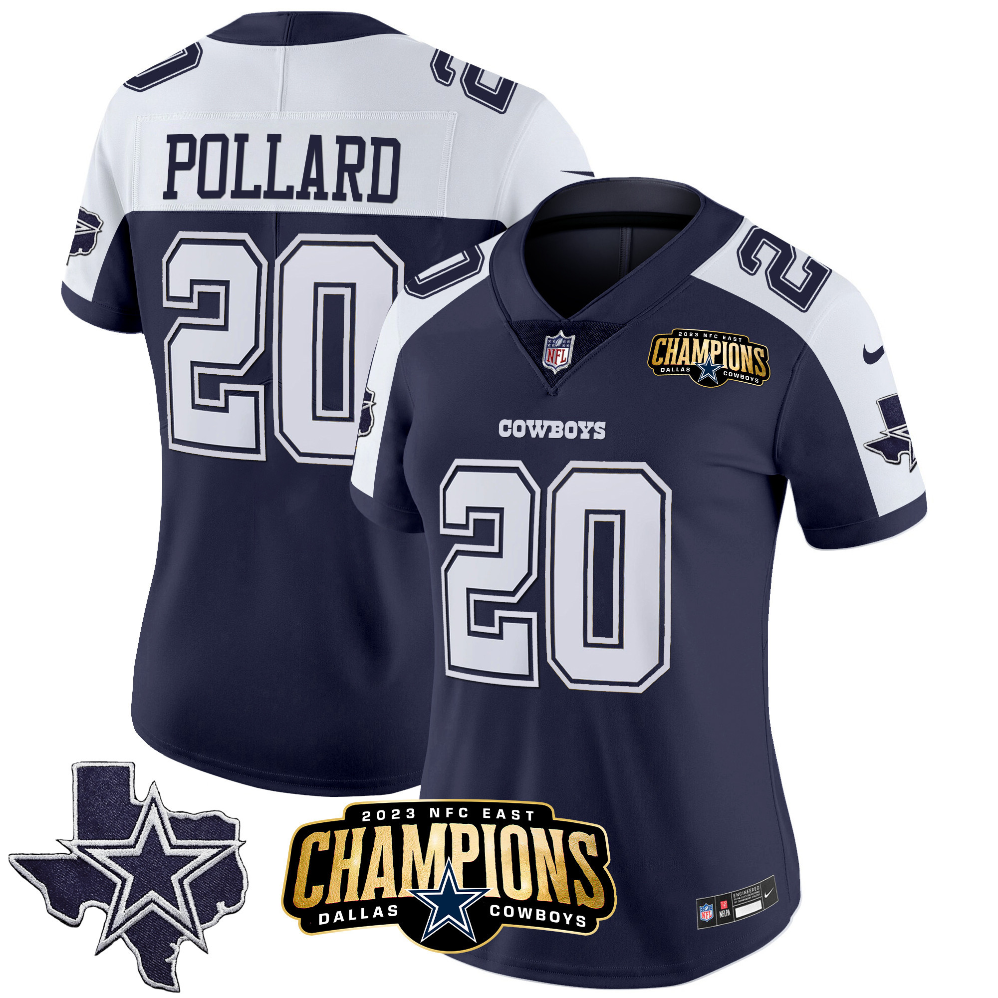 Tony Pollard Women's Dallas Cowboys 2023 NFC East Champions Patch Vapor Alternate Navy Jersey - All Stitched 