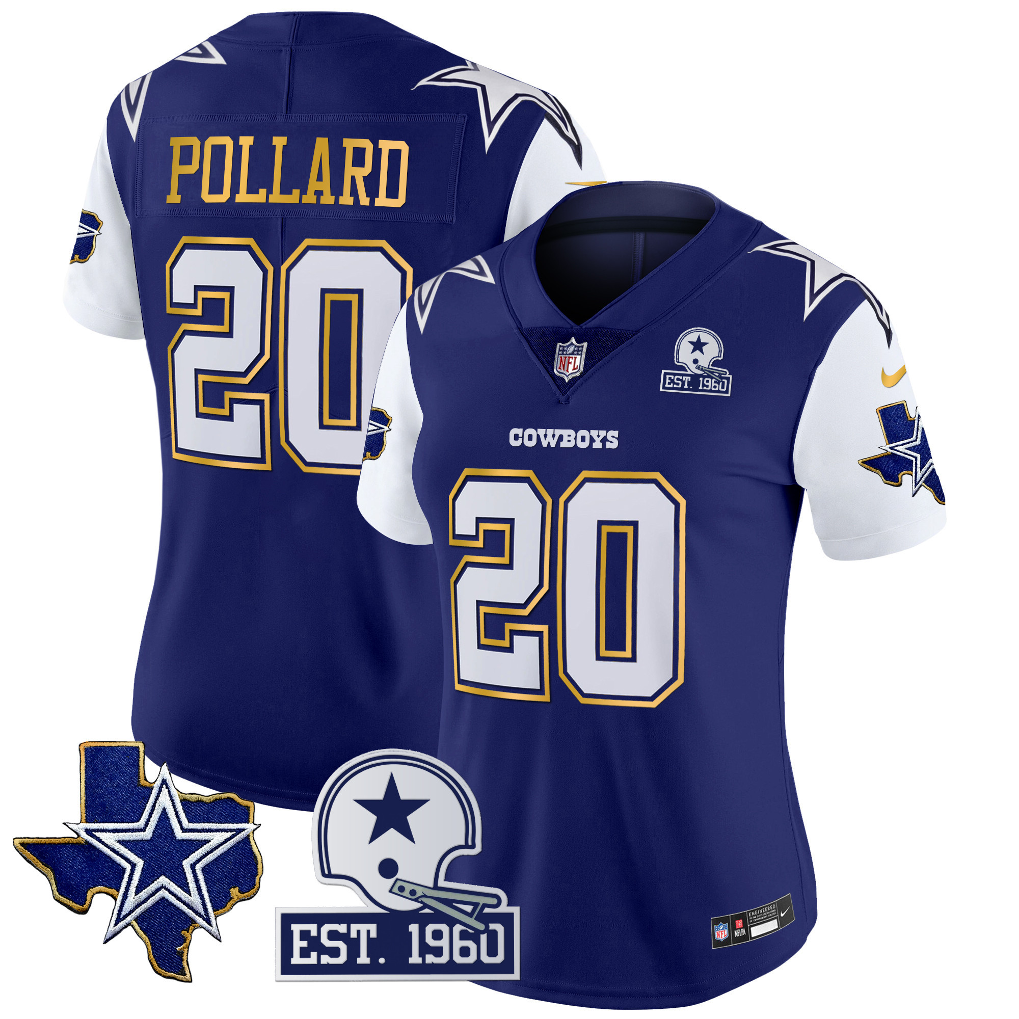 Tony Pollard Women's Dallas Cowboys Texas Patch Gold Trim Vapor Royal Jersey - All Stitched 