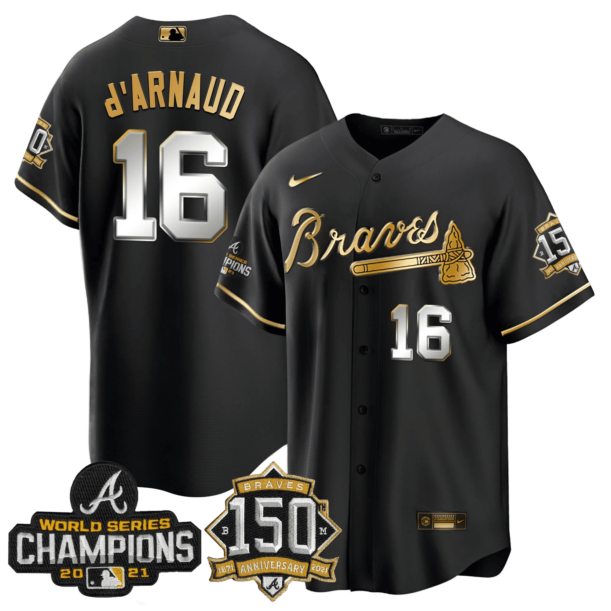Travis d'Arnaud Atlanta Braves World Series Champion Black Gold Cool Base Jersey - All Stitched