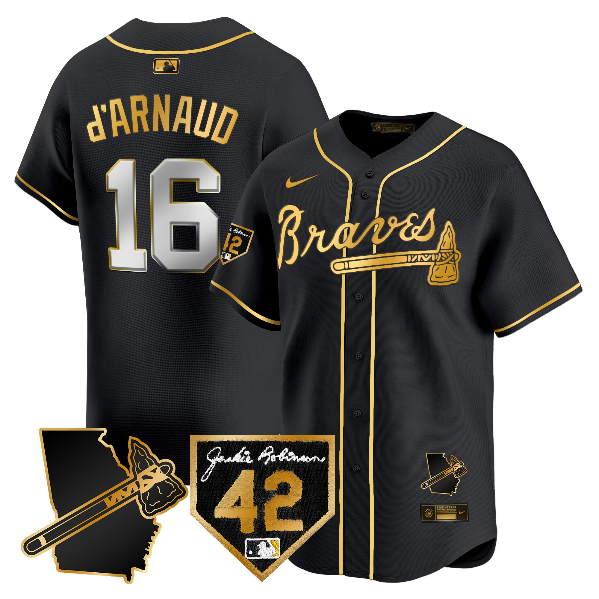 Travis D'Arnaud Men's Atlanta Braves 2024 Robinson & Georgia Patch Vapor Premier Limited Black Gold Jersey - All Stitched