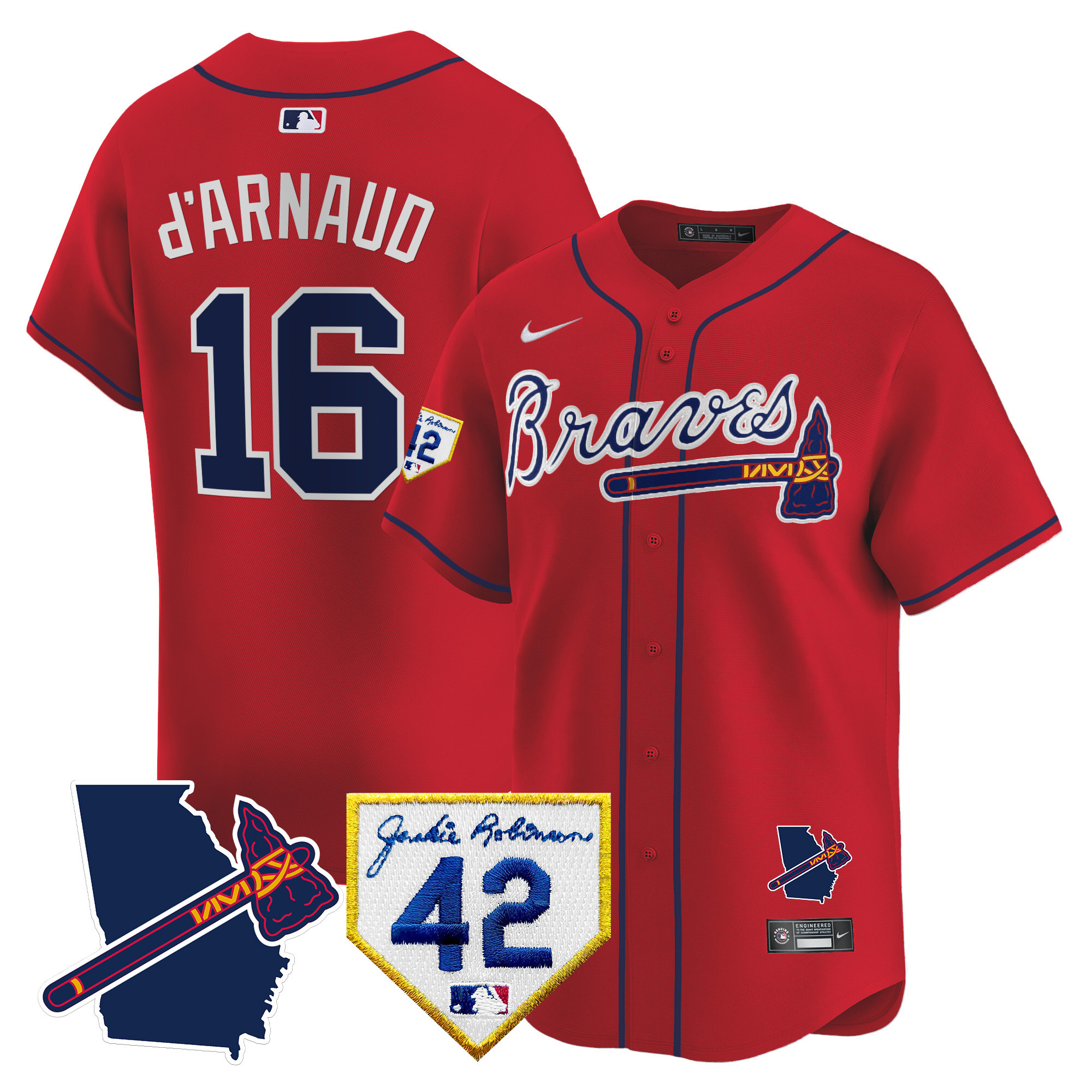 Travis D'Arnaud Men's Atlanta Braves 2024 Robinson & Georgia Patch Vapor Premier Limited Red Jersey - All Stitched