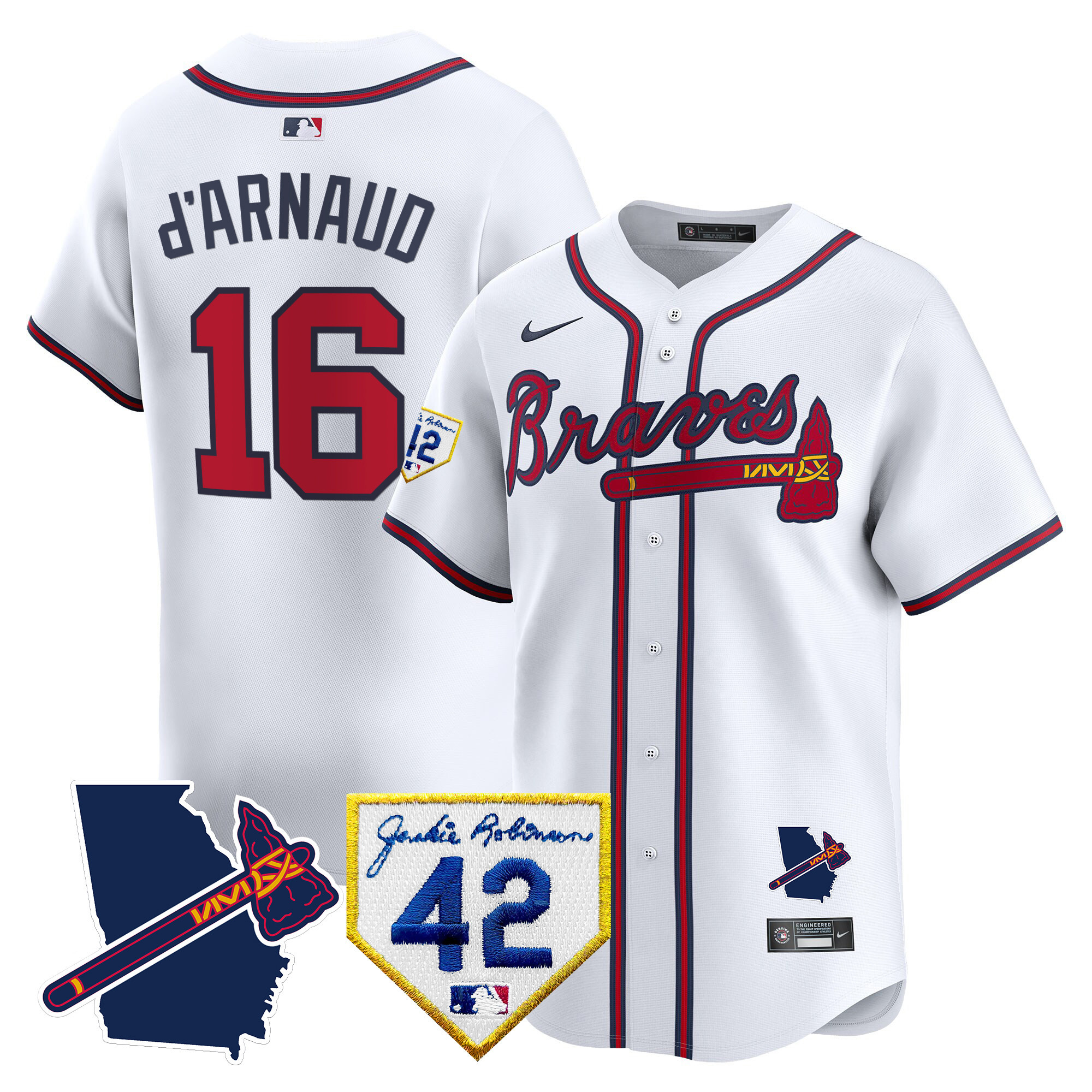 Travis D'Arnaud Men's Atlanta Braves 2024 Robinson & Georgia Patch Vapor Premier Limited White Jersey - All Stitched