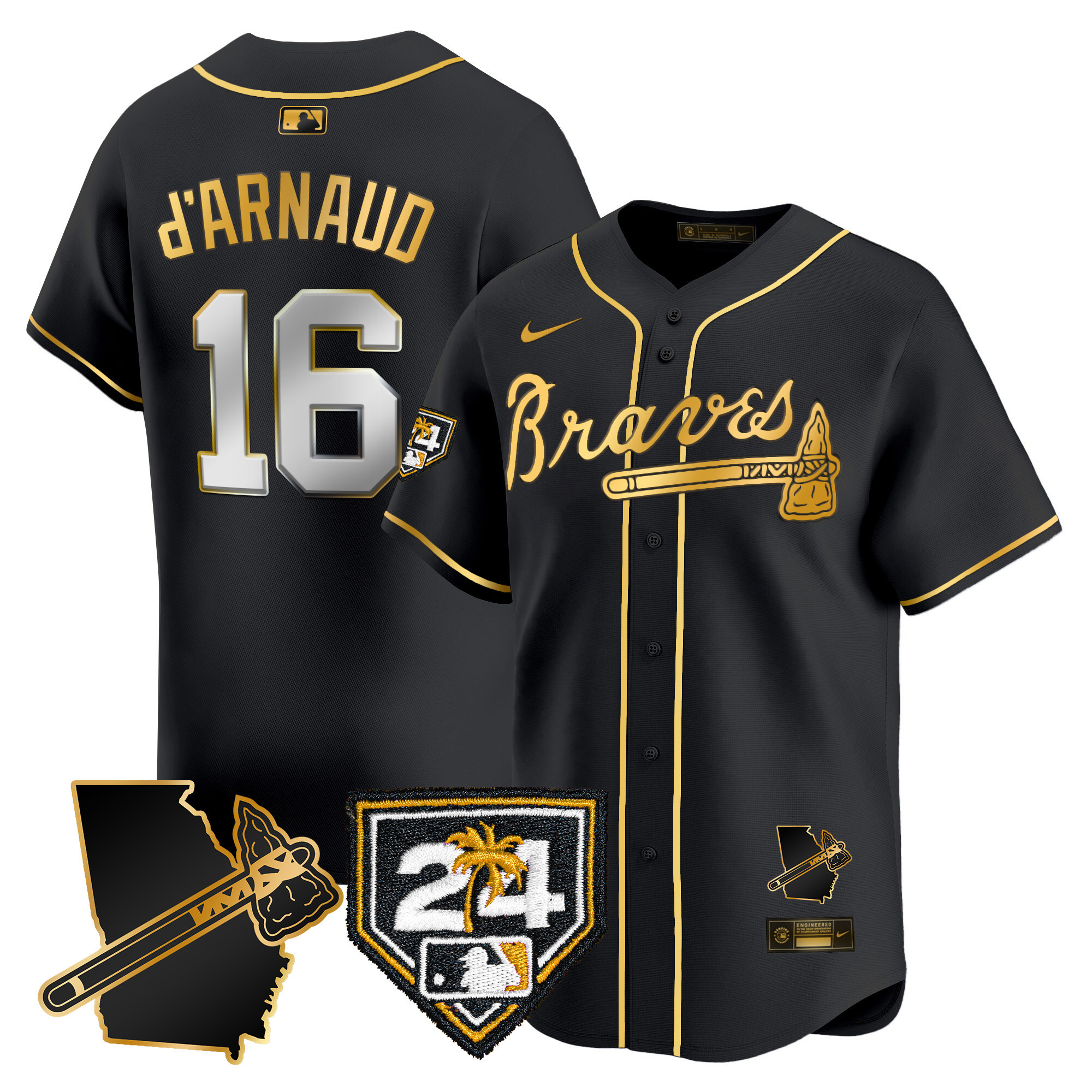 Travis D'Arnaud Men's Atlanta Braves 2024 Spring Training & Georgia Patch Vapor Premier Limited Black Gold Jersey - All Stitched