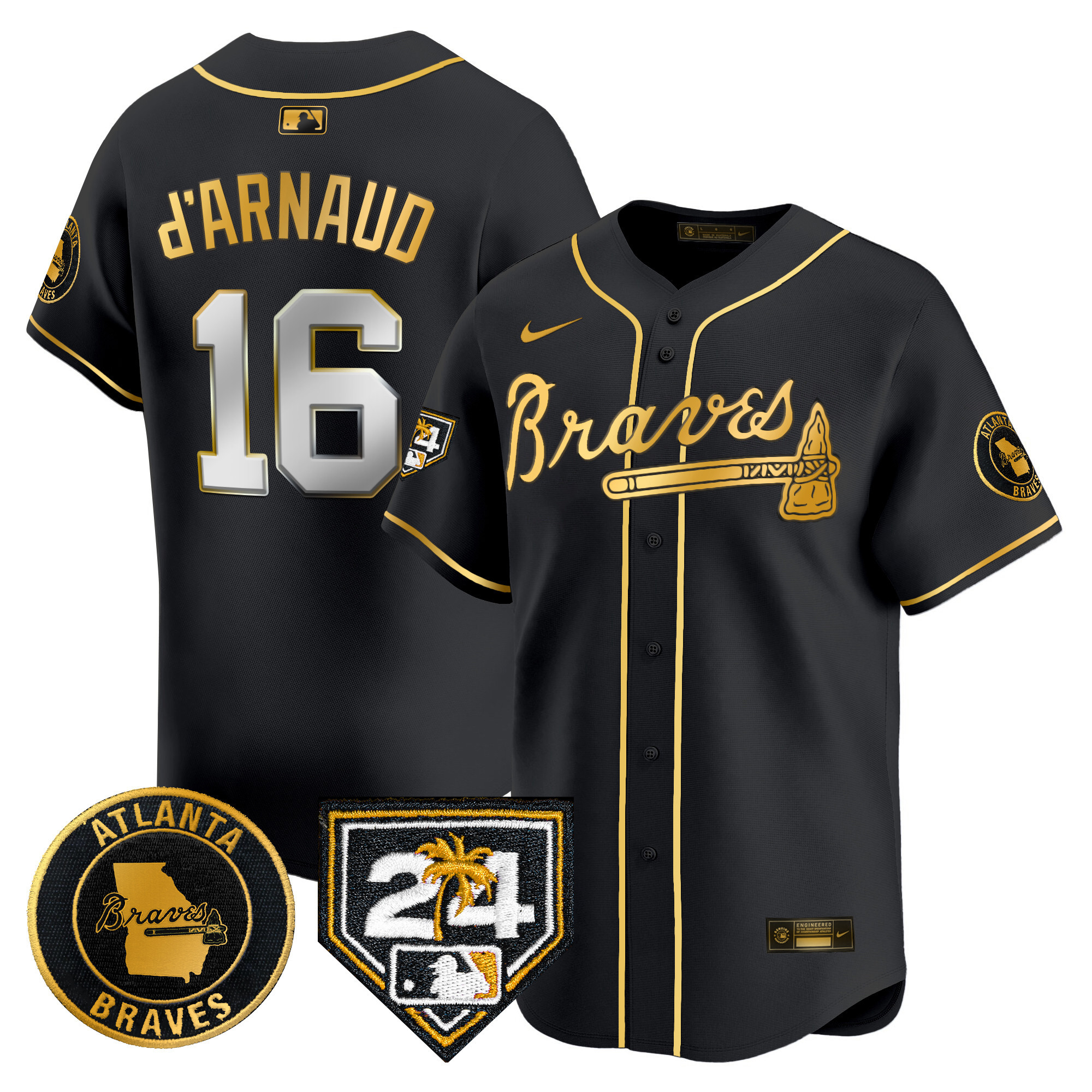 Travis D'Arnaud Men's Atlanta Braves 2024 Spring Training Patch Vapor Premier Limited Black Gold Jersey - All Stitched