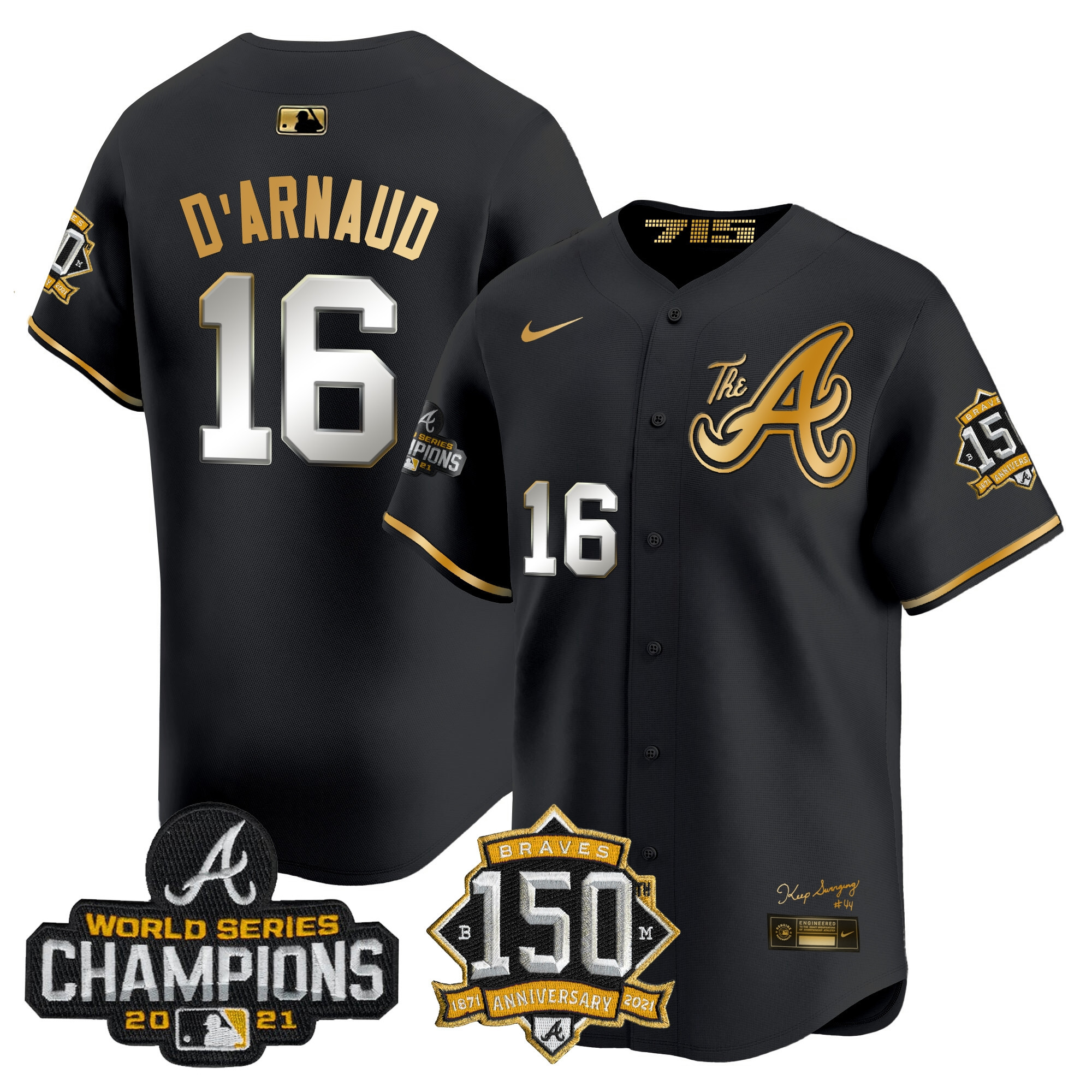 Travis D'Arnaud Men's Atlanta Braves Champions & 150th Patch Vapor Premier Limited Black Gold Jersey - All Stitched