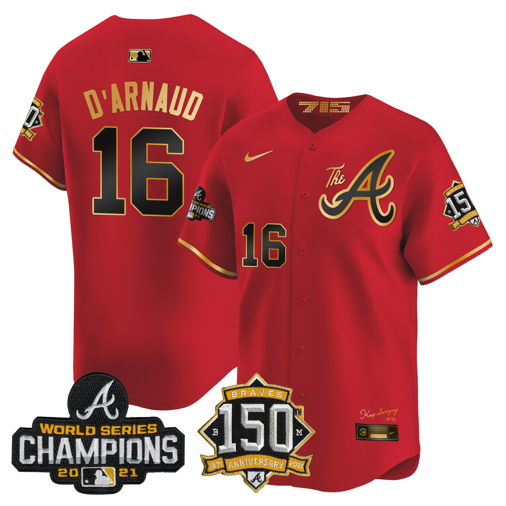 Travis D'Arnaud Men's Atlanta Braves Champions & 150th Patch Vapor Premier Limited Red Gold Jersey - All Stitched