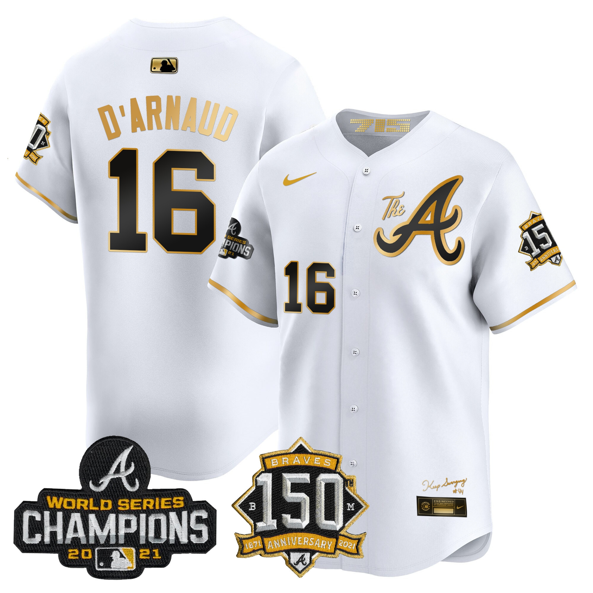 Travis D'Arnaud Men's Atlanta Braves Champions & 150th Patch Vapor Premier Limited White Gold Jersey - All Stitched