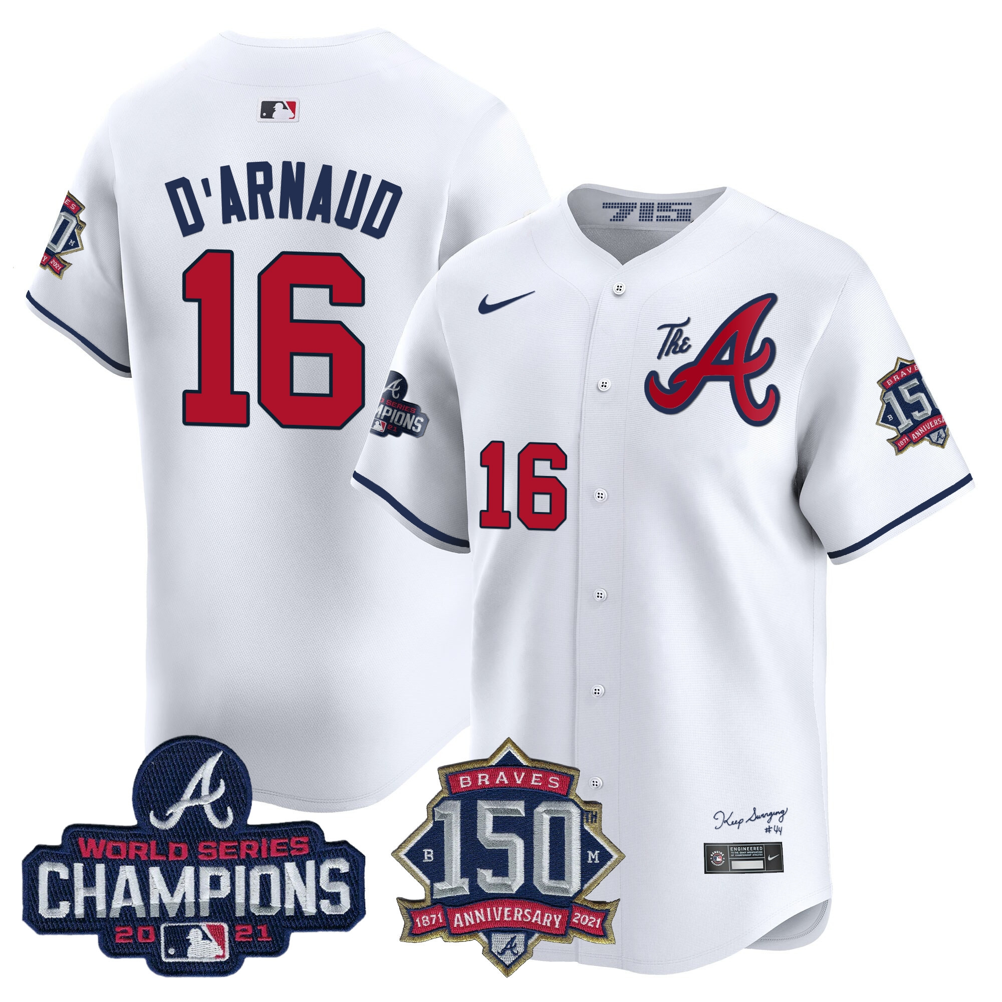 Travis D'Arnaud Men's Atlanta Braves Champions & 150th Patch Vapor Premier Limited White Jersey - All Stitched