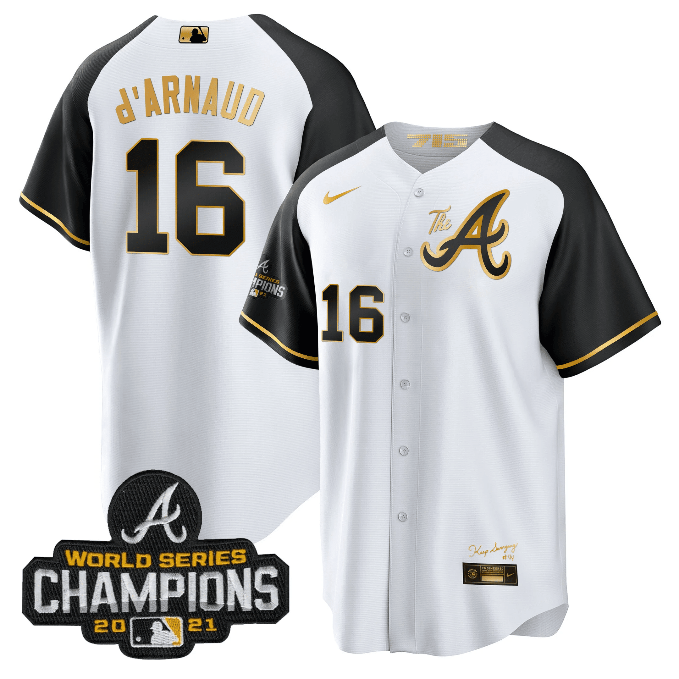 Travis d'Arnaud Men's Atlanta Braves Champions Alternate Gold Cool Base Black Sleeves Jersey - All Stitched
