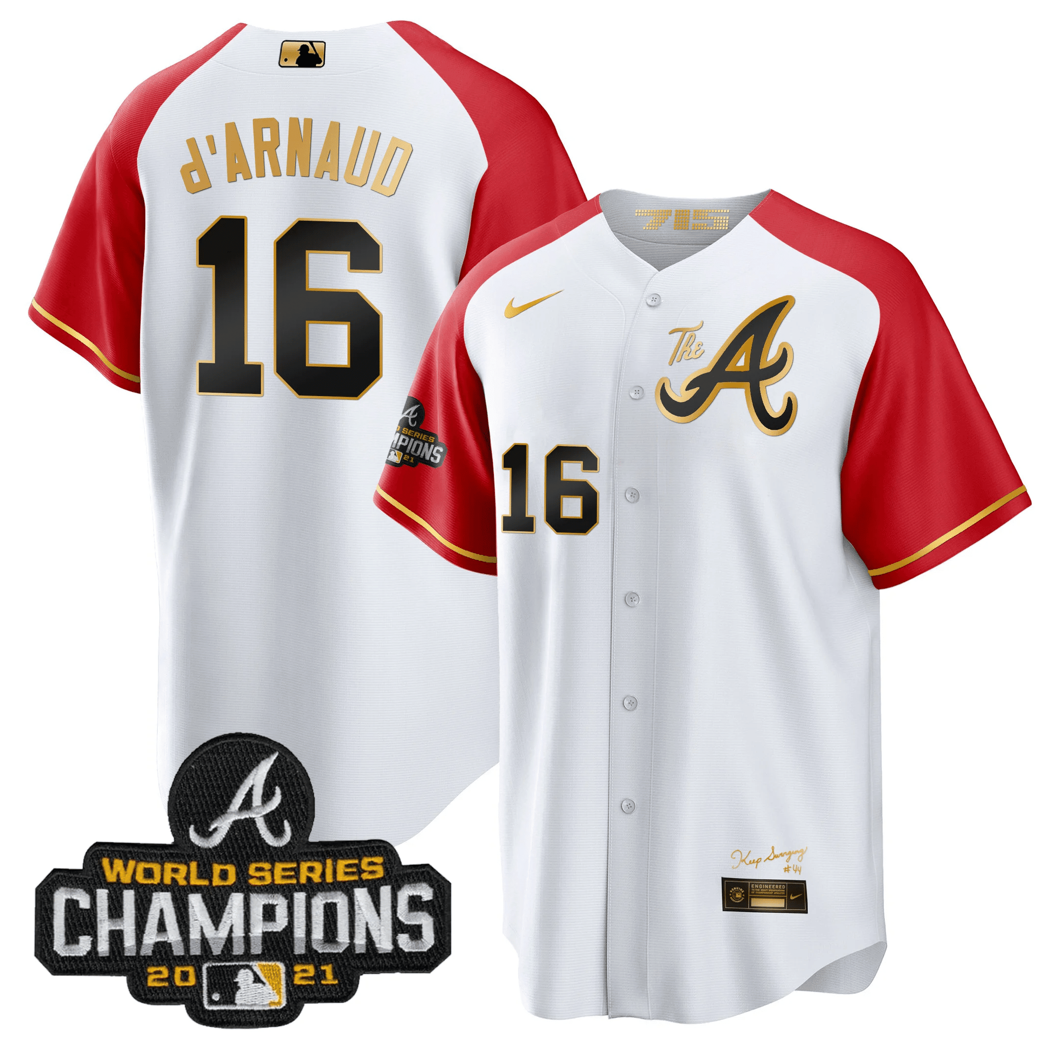 Travis d'Arnaud Men's Atlanta Braves Champions Alternate Gold Cool Base White Jersey - All Stitched