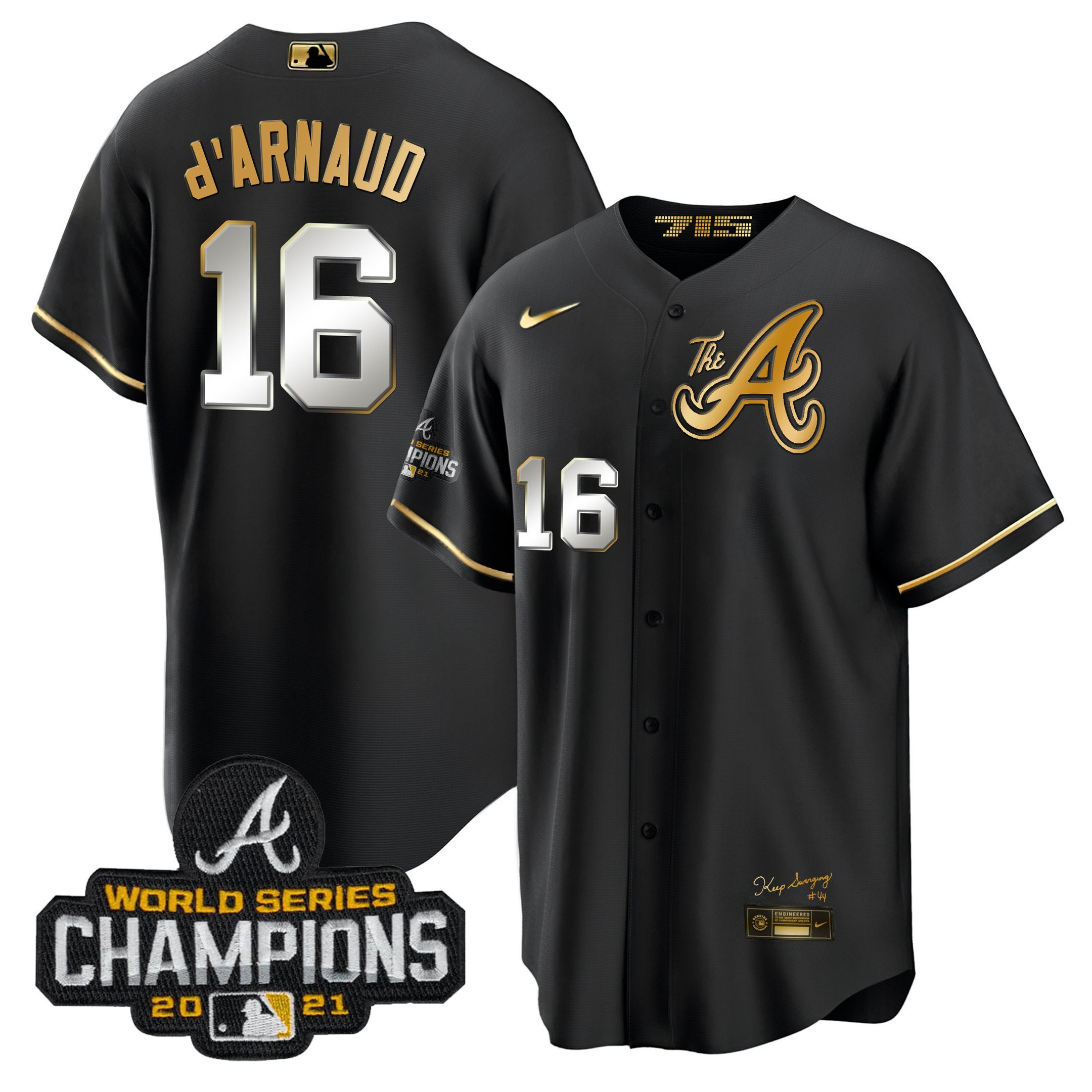 Travis d'Arnaud Men's Atlanta Braves Champions City Connect Gold Cool Base Black Gold Jersey - All Stitched